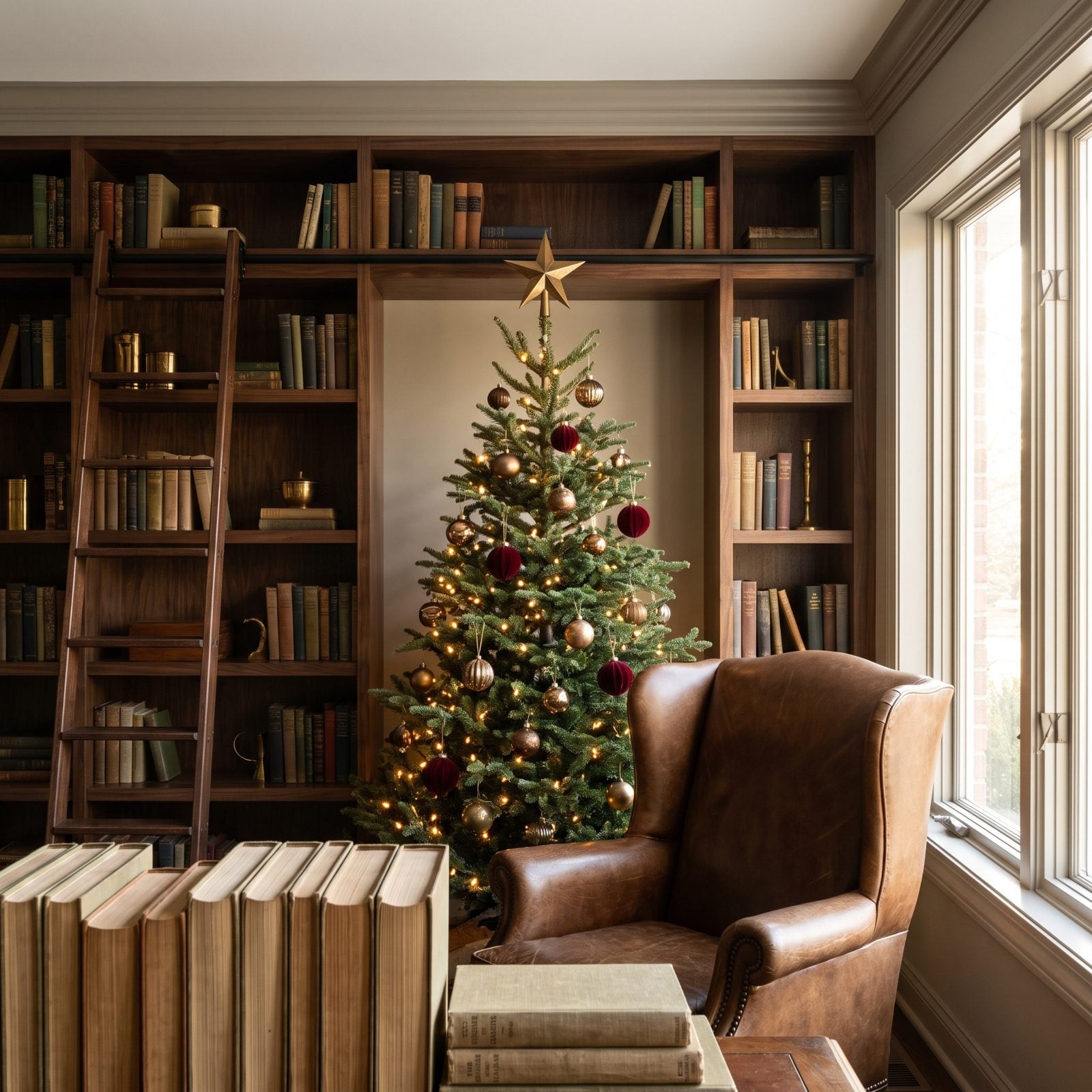 The Tree Framed Exactly by Built-In Library Shelves