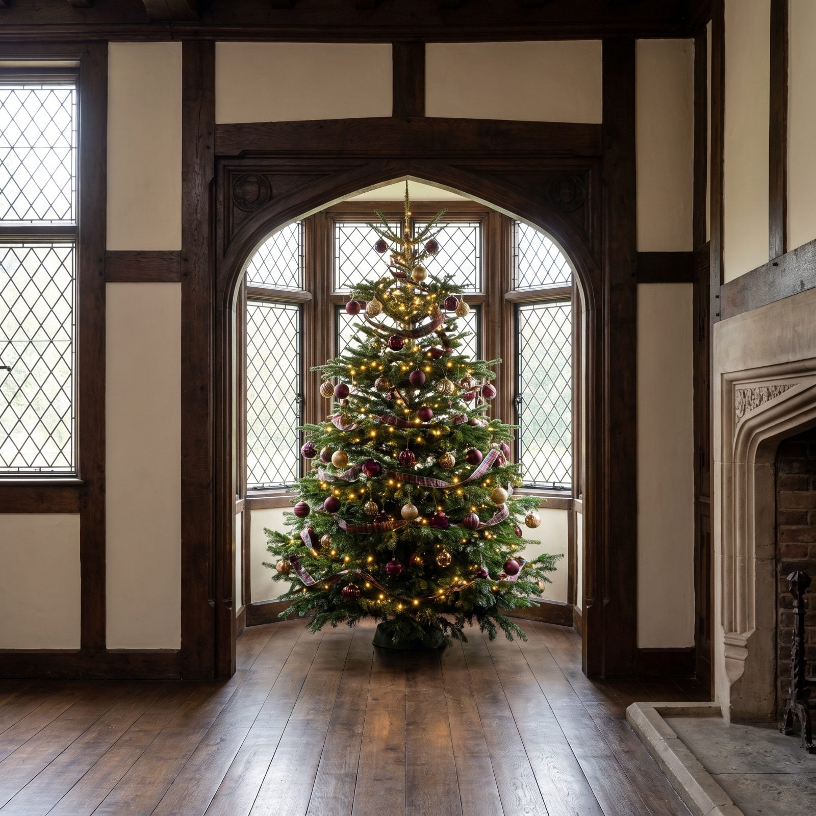 The Tree Framed by a Tudor Arch and Leaded-Glass Windows