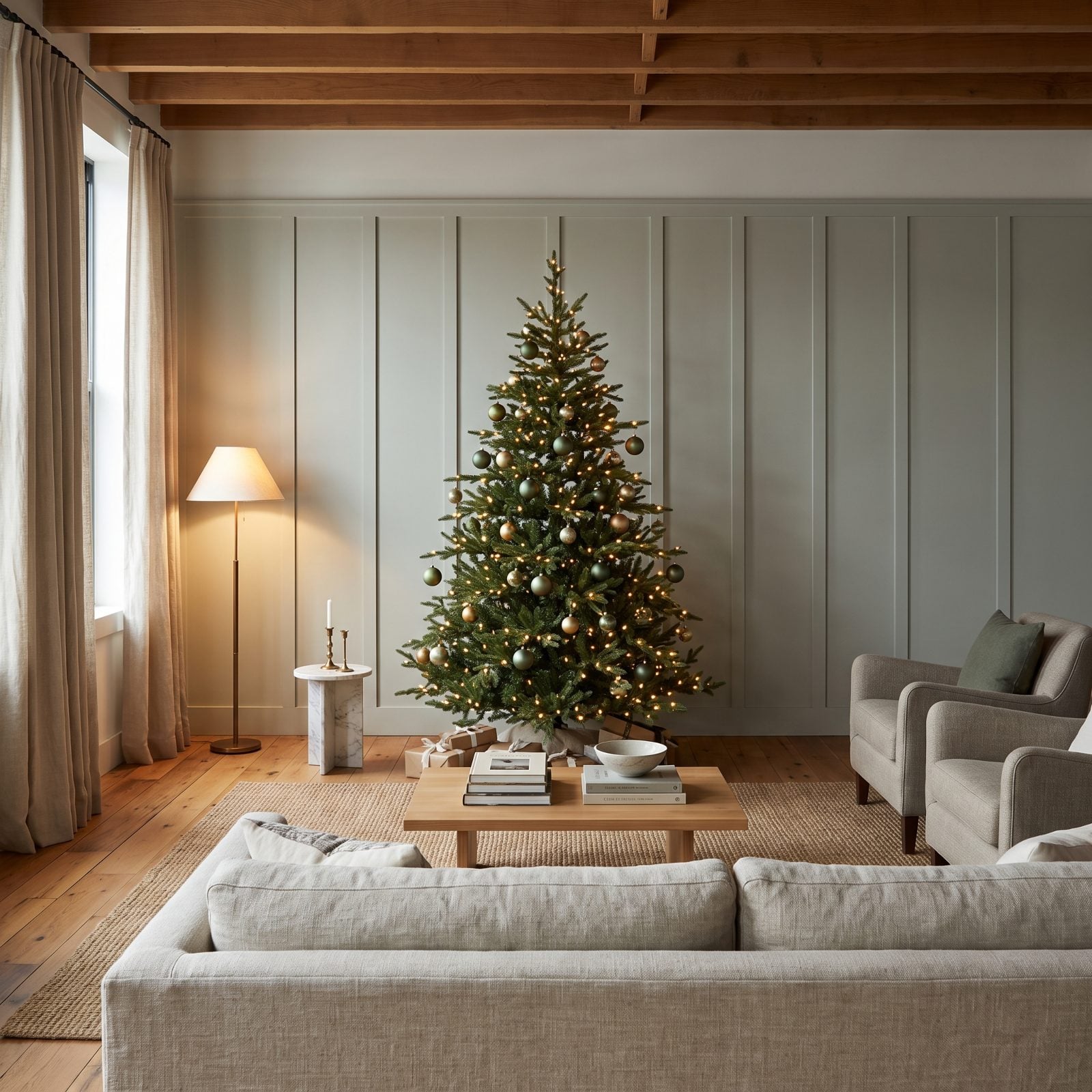 The Tree Set Against Quiet Millwork Rather Than Busy Shelves