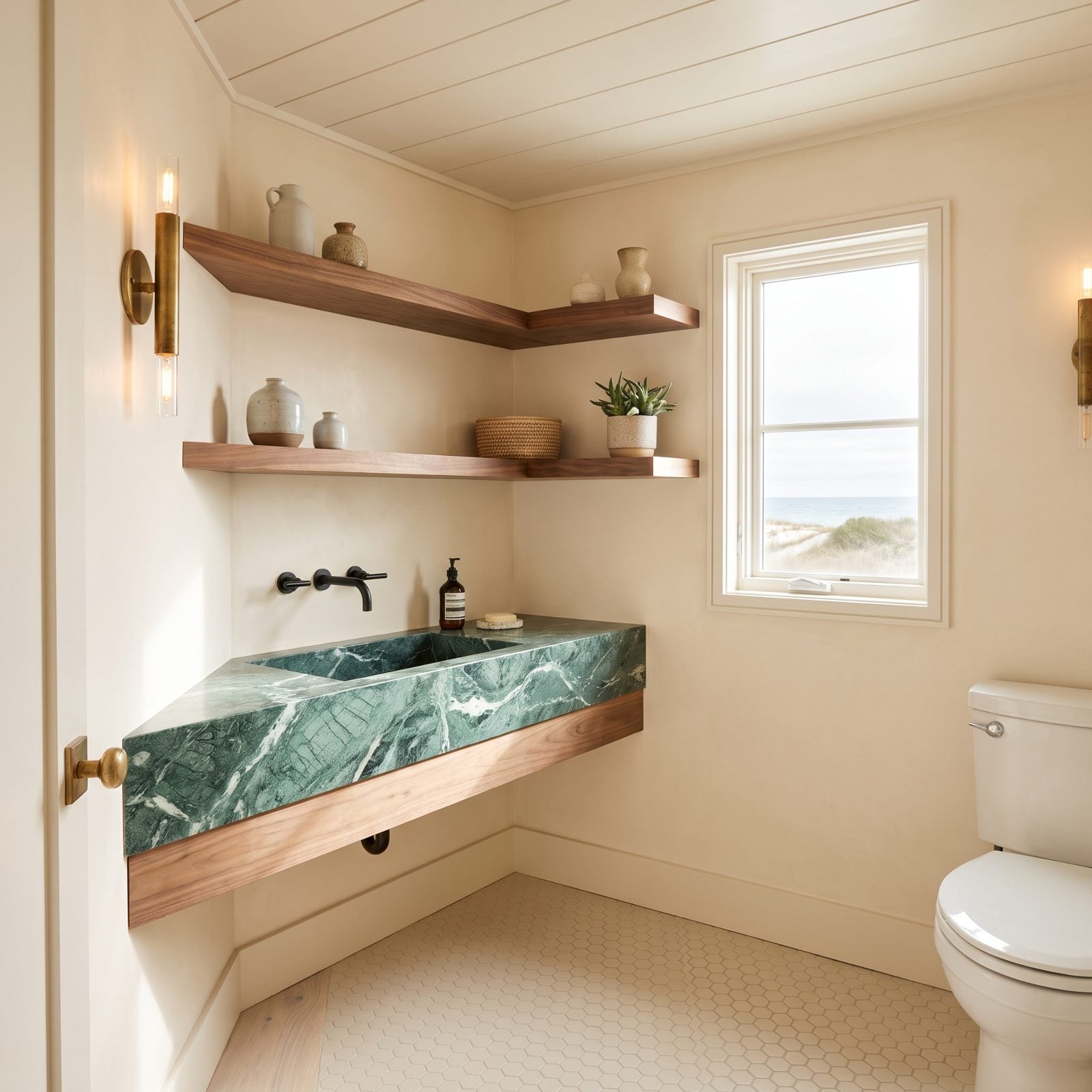 Triangular Corner Sink Carved in Marble, Walnut Shelving Wrapping Around