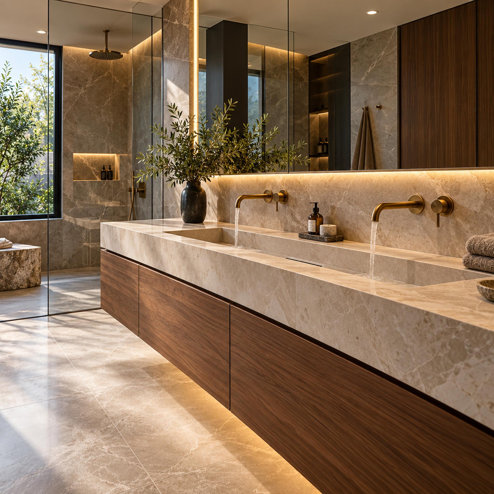 Contemporary bathroom with a long stone trough sink, two wall-mounted faucets, floating wood cabinetry and a glass shower