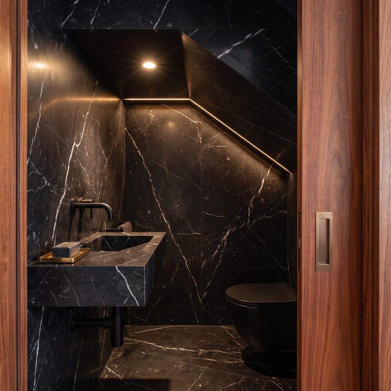 Tucked Under the Stairs, Wrapped in Marble Behind a Walnut Pocket Door