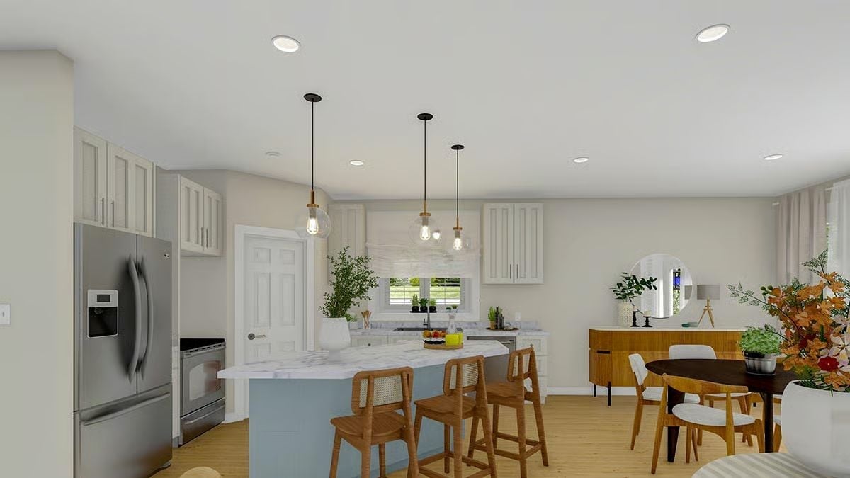 Blue Kitchen Island With a Marble Top That Earns Its Square Footage
