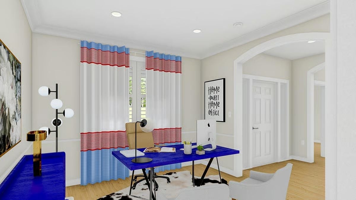 Home Sweet Home Office With a Blue Desk That Refuses to Blend In
