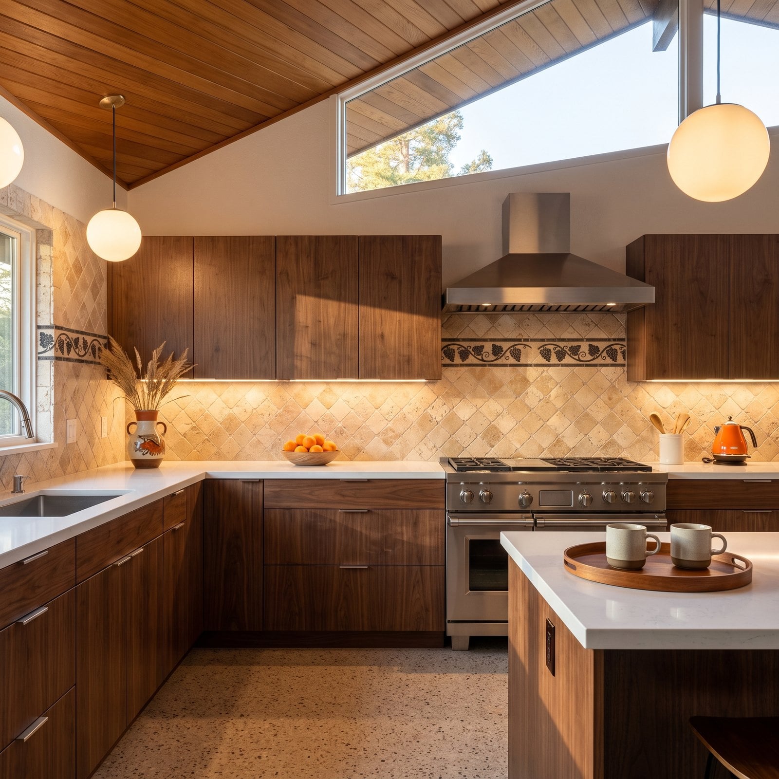 Tumbled Travertine in a Mid-Century Kitchen