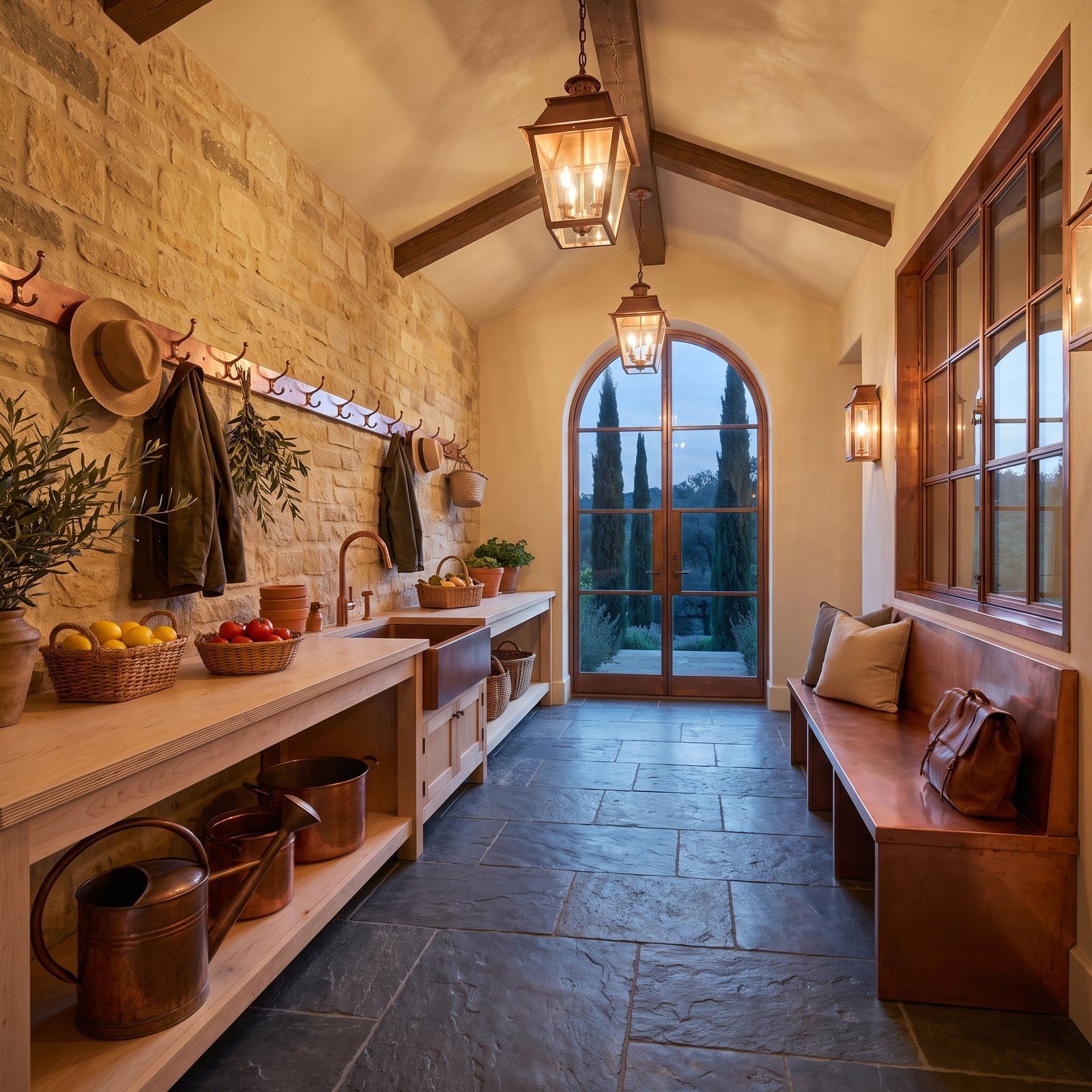 Tuscan Stone and Copper Pots in a Villa Garden Room