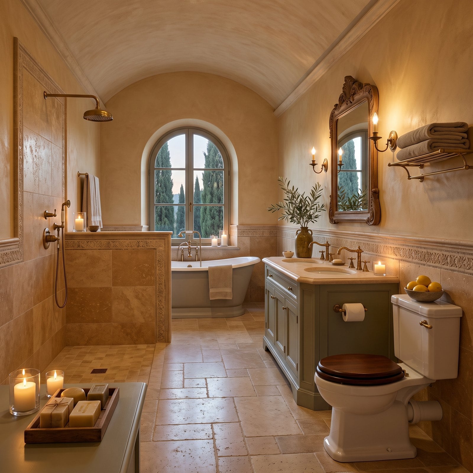 Tuscan Travertine, Warmed by Sage Cabinetry and Aged Brass