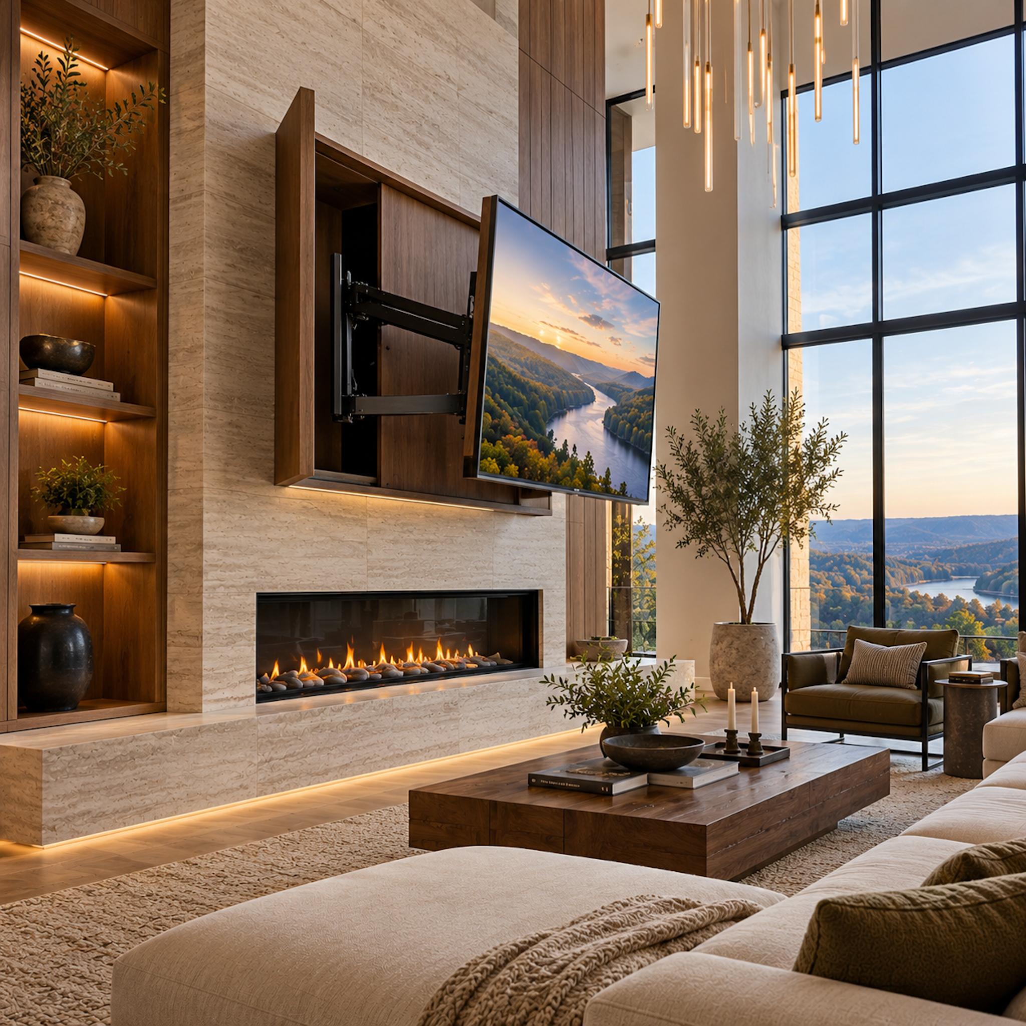 Double-height contemporary living room with an articulated television extending from a wood-lined recess above a limestone fireplace, cream sectional, walnut shelving, and river valley views