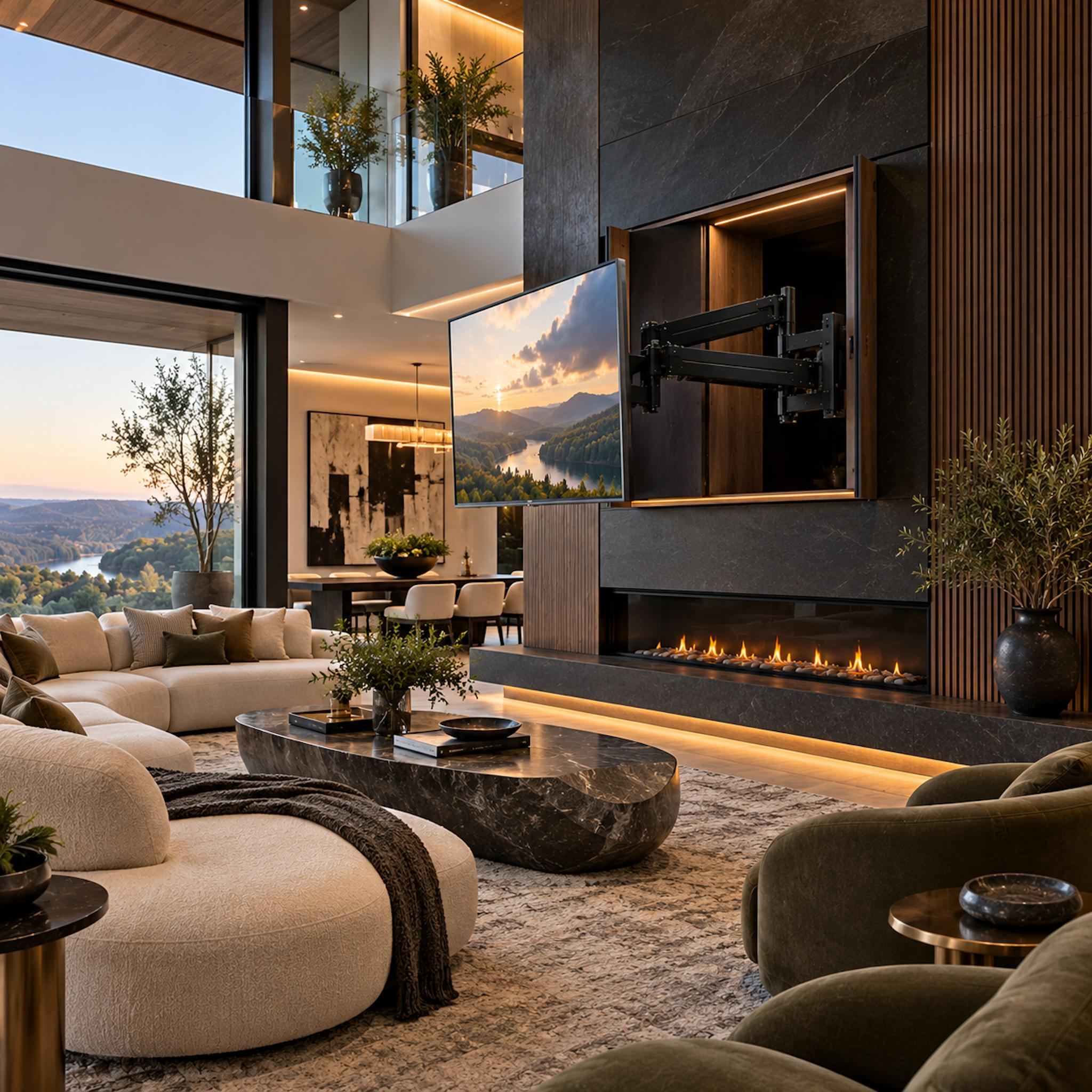 Luxury contemporary living room with a television swung outward on an articulated steel mount from a recessed charcoal stone fireplace wall, curved cream sectional, and sculptural coffee table