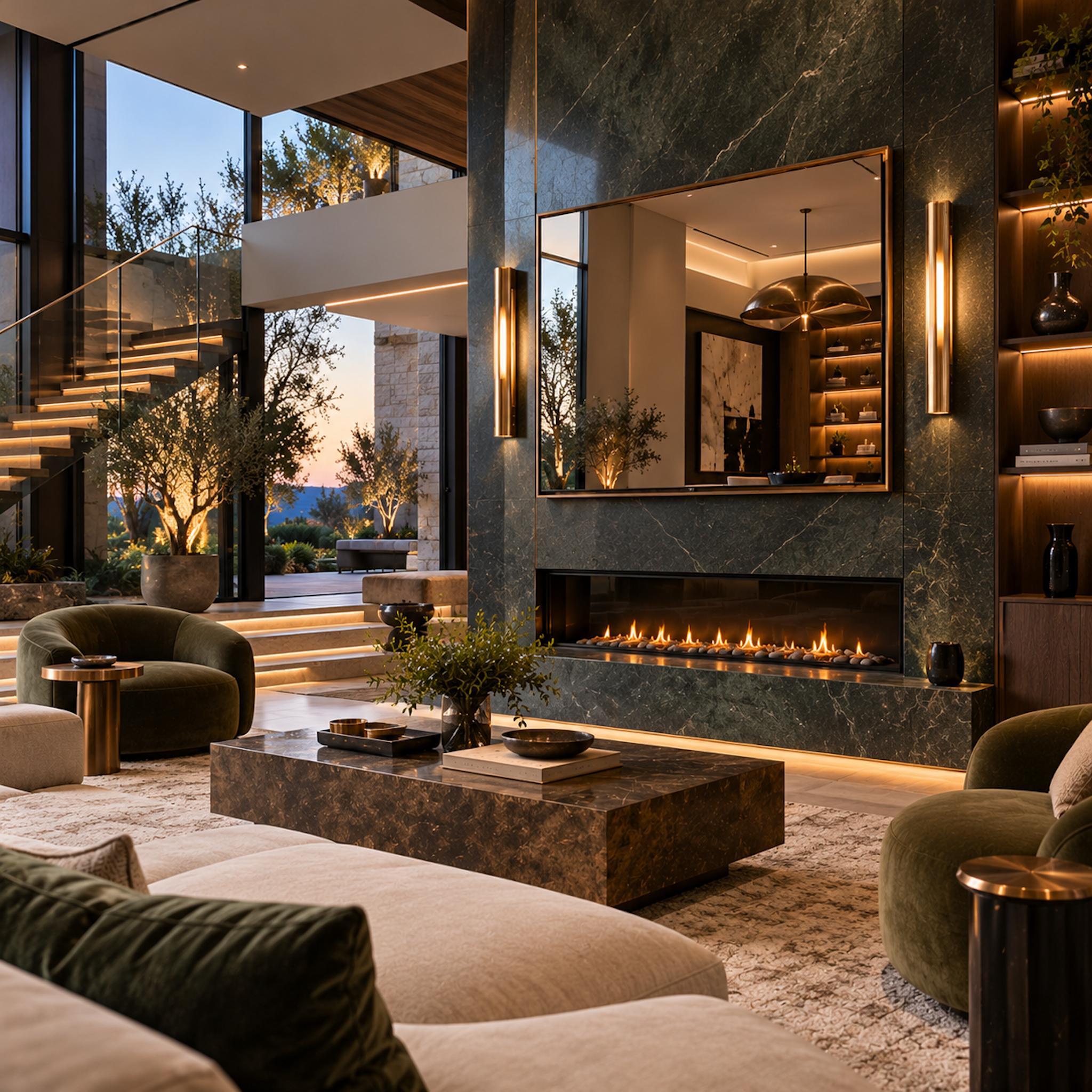 Bronze-framed mirror concealing a television above a dark veined stone fireplace, with olive velvet chairs and a floating staircase