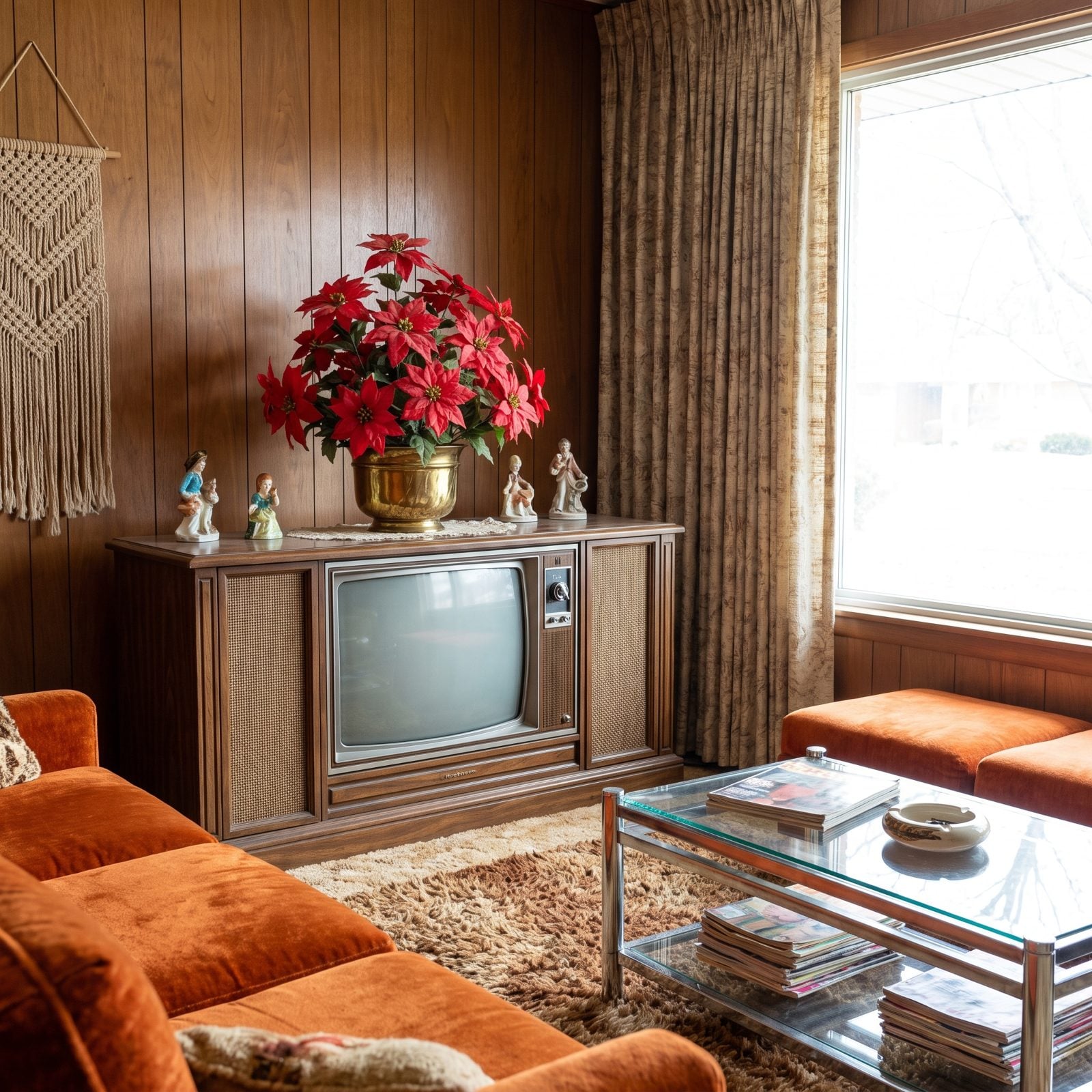A TV-Top Christmas Arrangement With Plastic Poinsettias