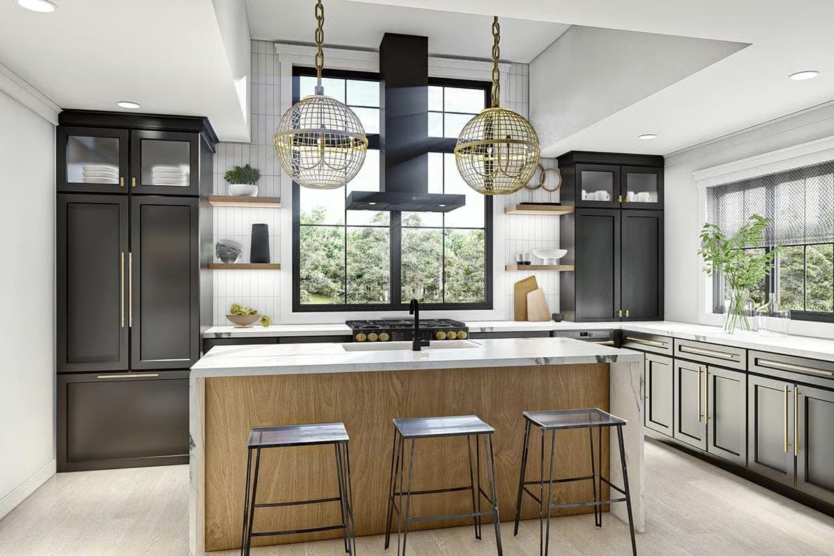 Gold Orbs, Black Cabinetry, and a Kitchen Island That Earns Its Square Footage