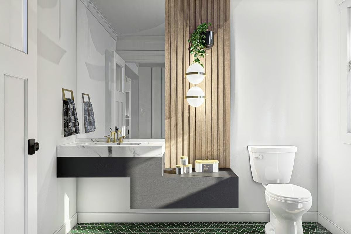Green Herringbone, Slatted Wood, and a Pendant Stack Worth the Wall Space