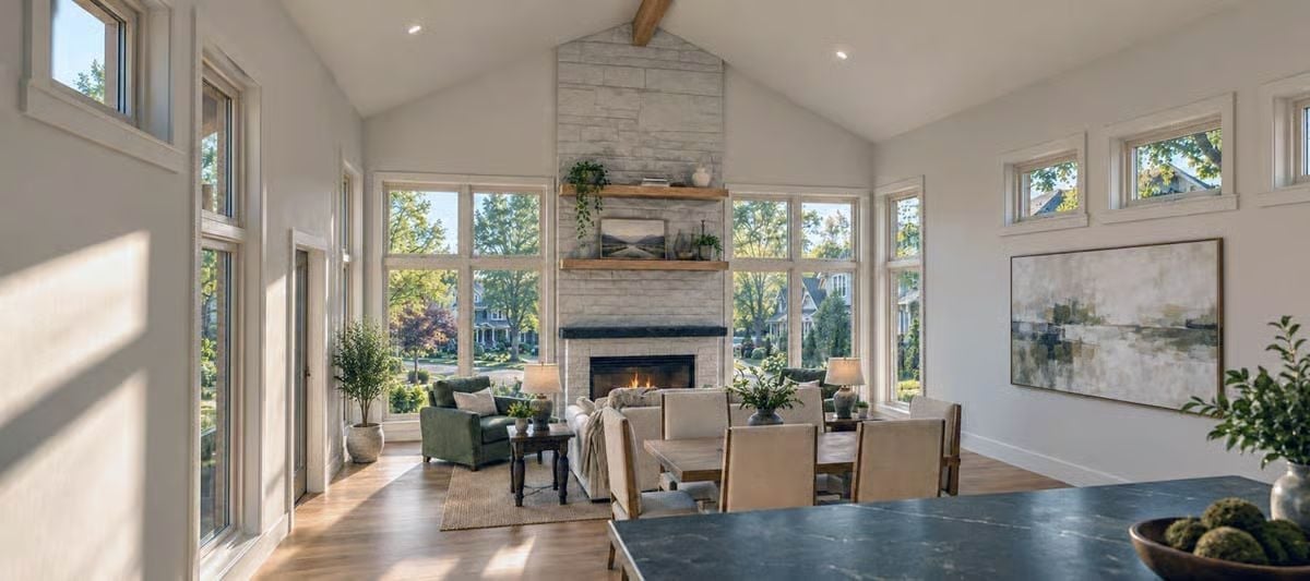 Vaulted Stone Fireplace Wall Anchors a Room Built Around Natural Light