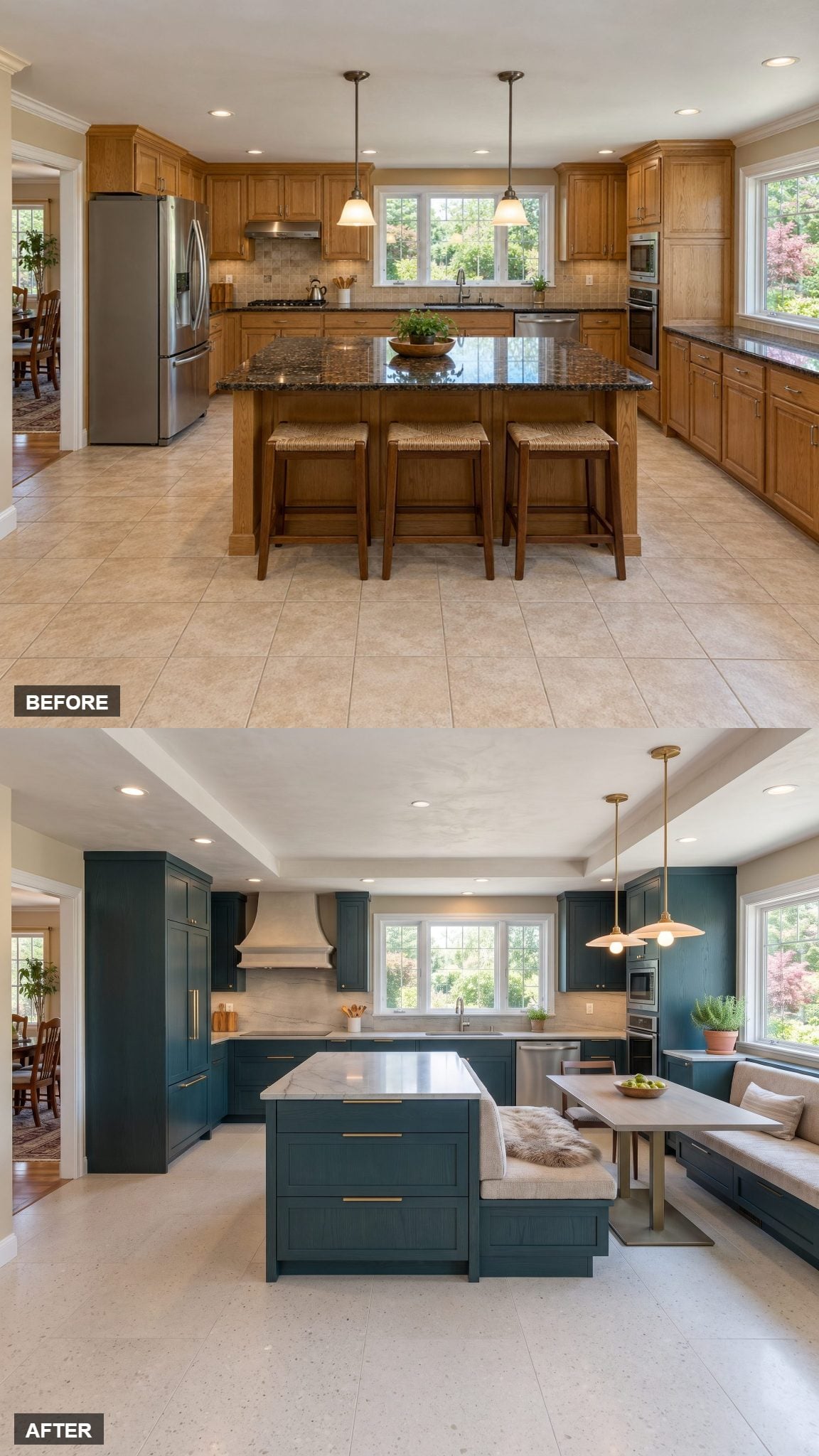 Two-Level Window Island With a Built-In Upholstered Bench