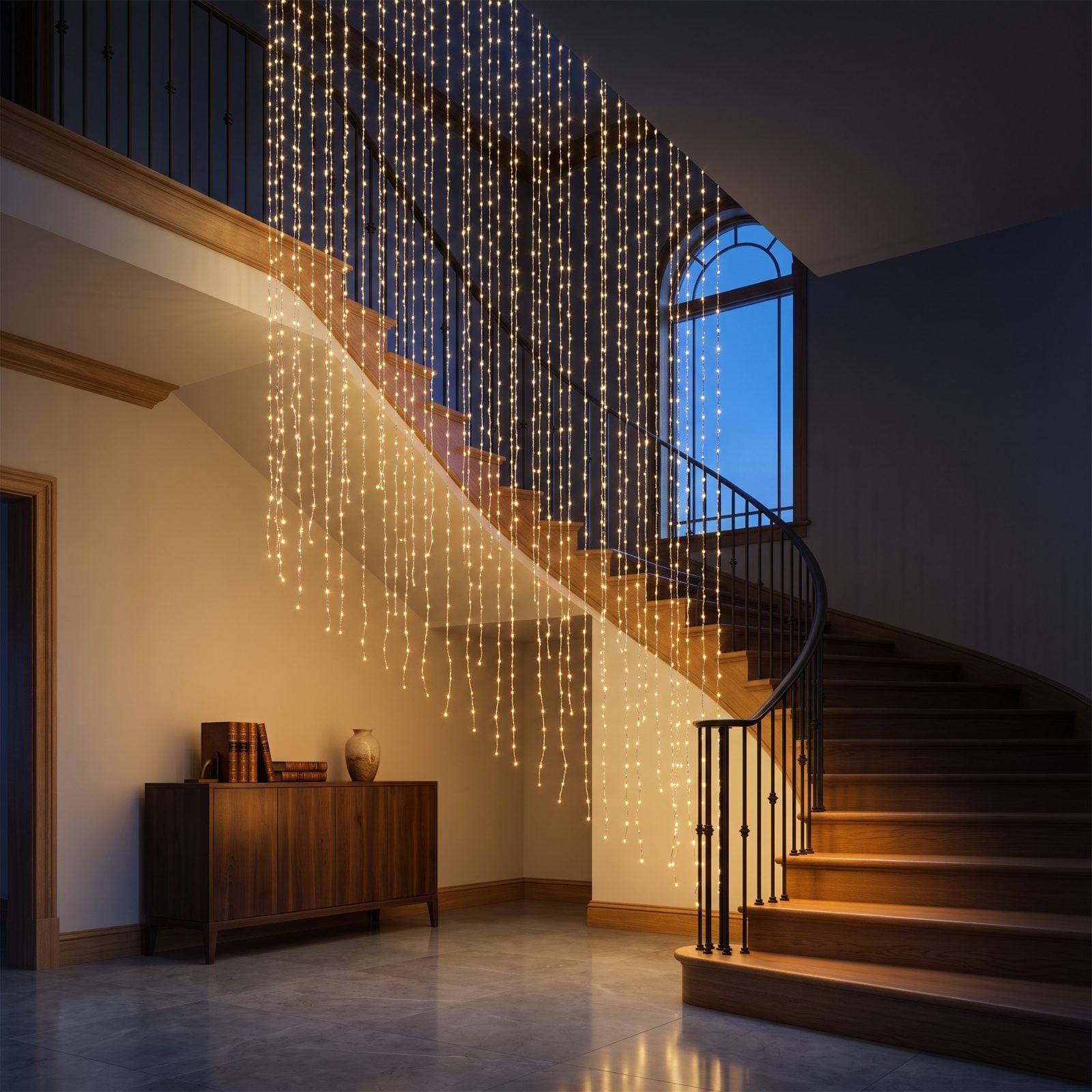 A Two-Story Foyer with a Cascading Light Installation