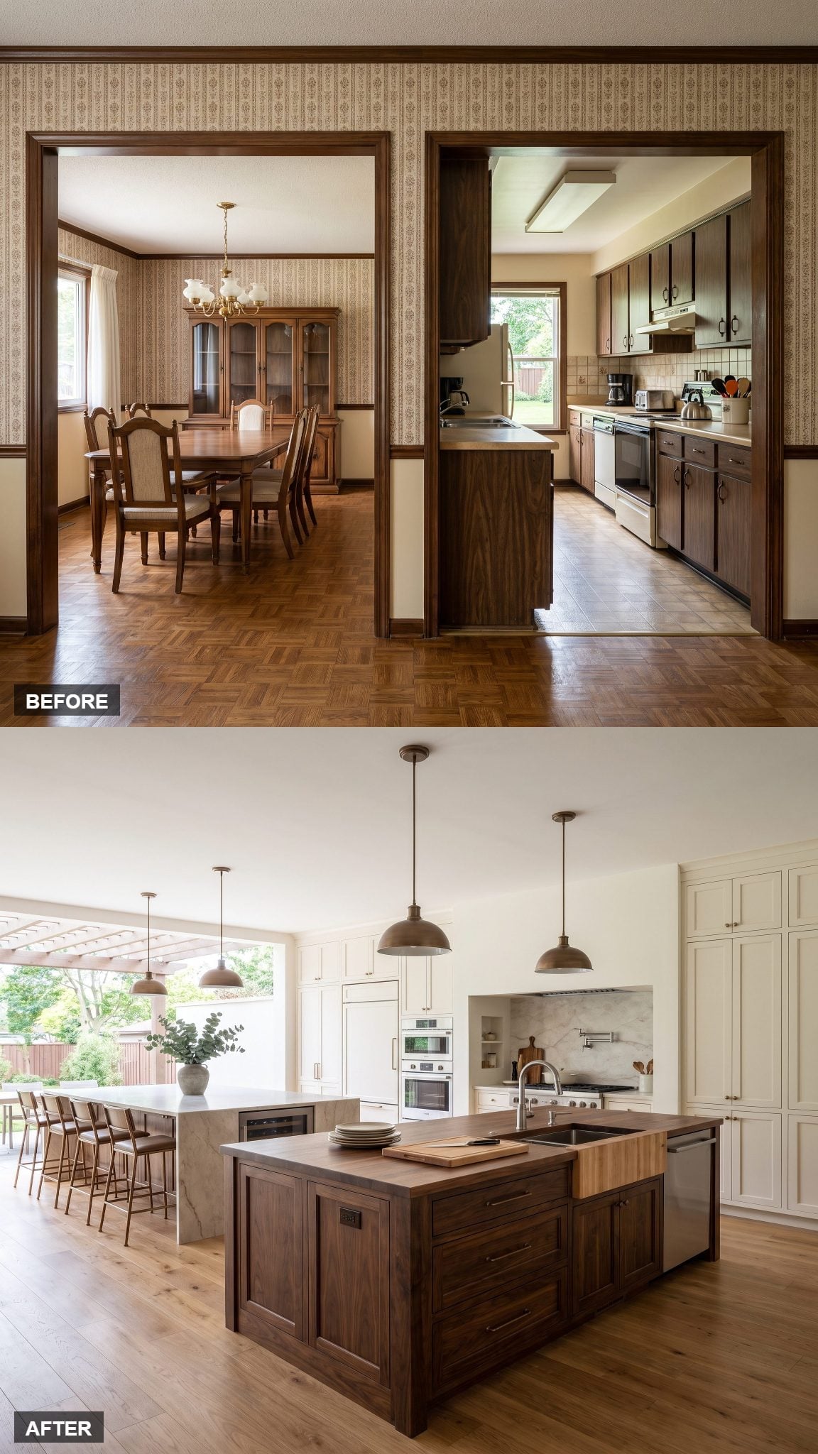Two-Tone Double-Island Kitchen, Walnut Meeting Pale Marble