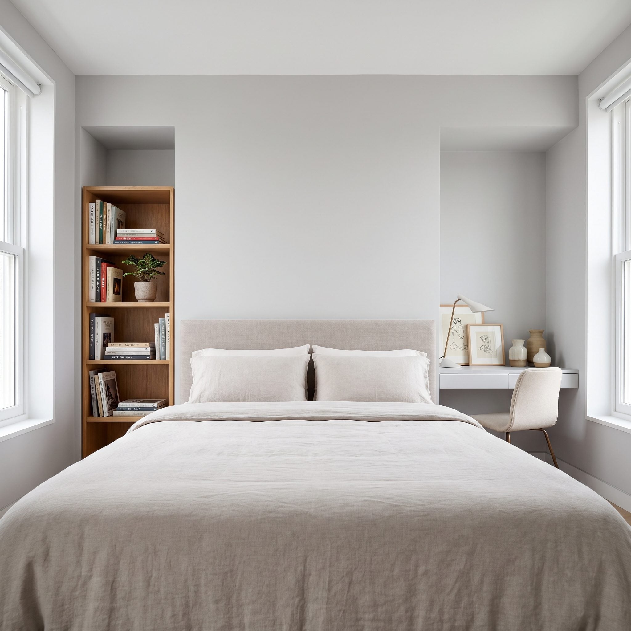 Bedroom with two unequal bedside alcoves containing a seated vanity and a compact storage cabinet