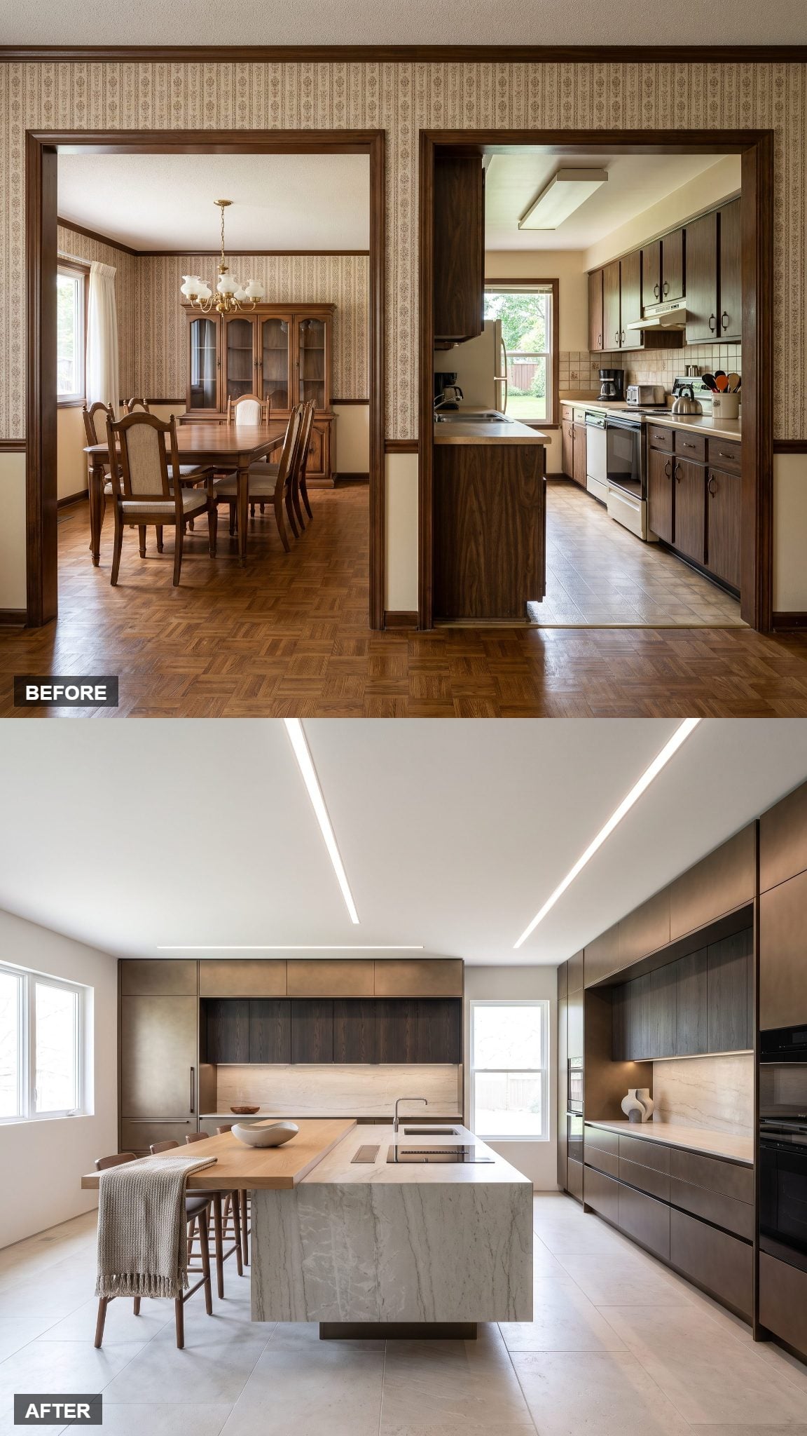 Ultra-Modern Bronze Kitchen With a Cantilevered Stone Island