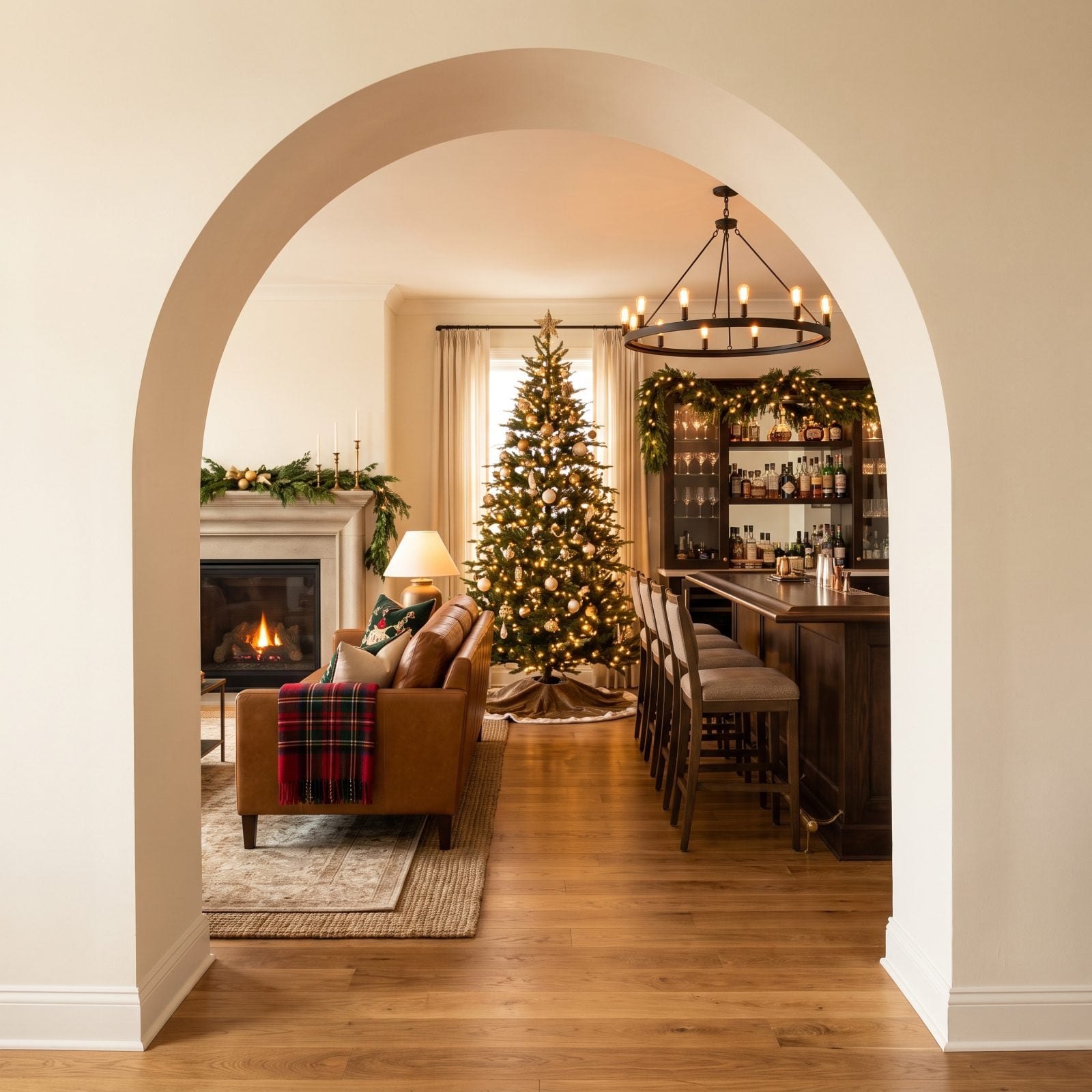 An Undecorated Architectural Arch Framing a Festive Room
