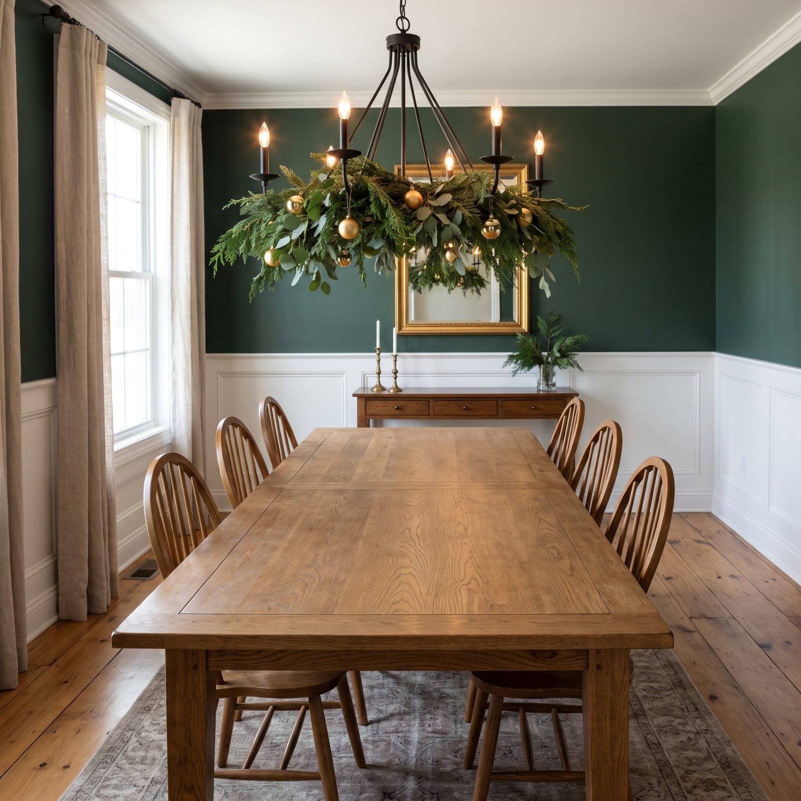 An Undecorated Dining Table Beneath a Festive Chandelier
