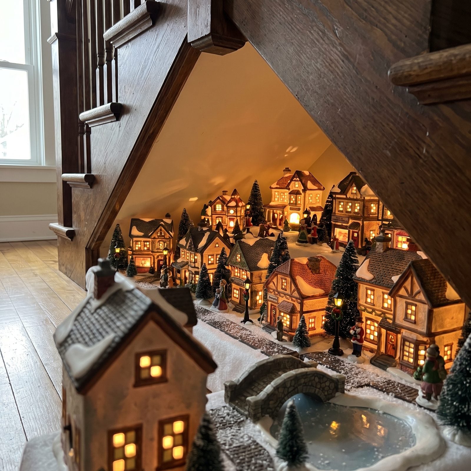 An Under-Stair Nook Turned Into a Glowing Christmas Village