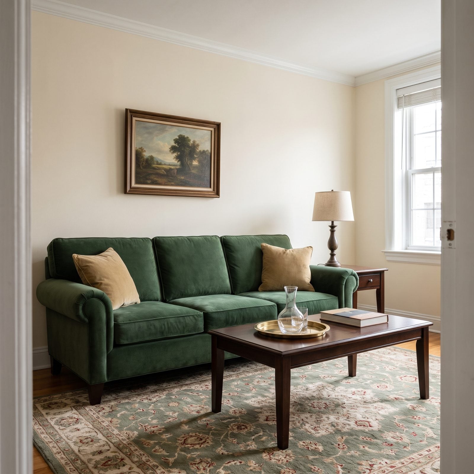 Traditional living room with a forest green velvet sofa and two muted gold pillows.