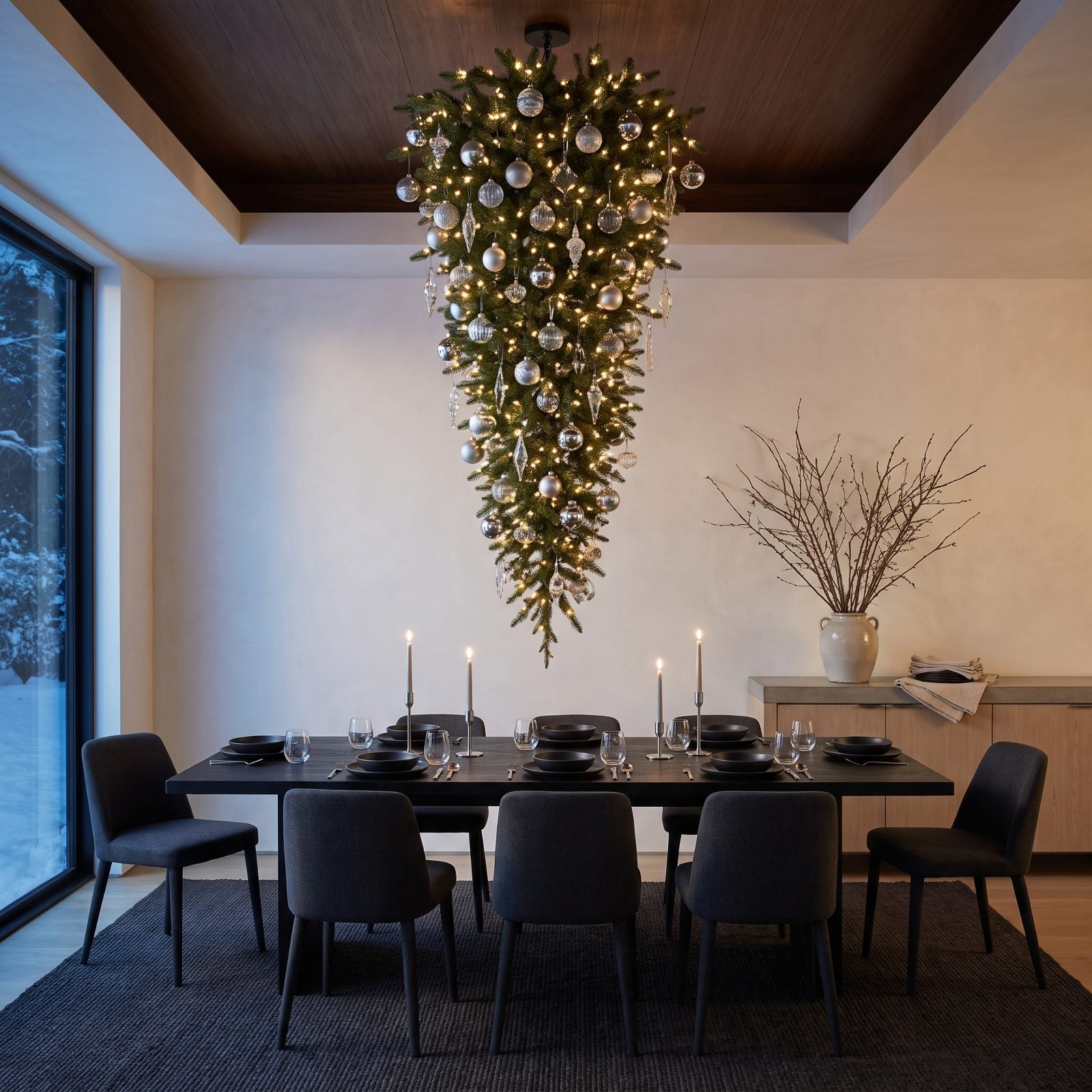 The Upside-Down Suspended Tree in a Contemporary Dining Room