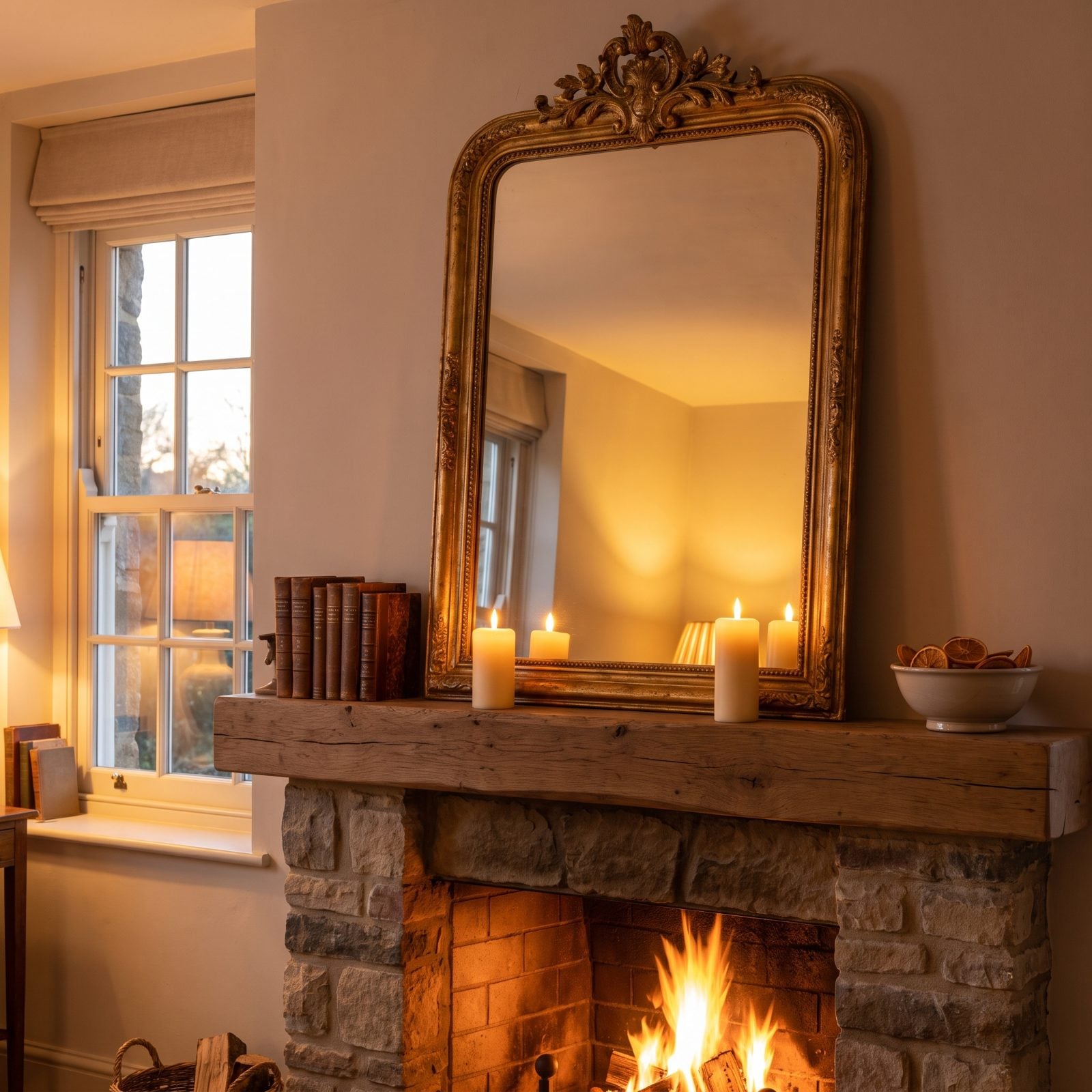 Use a Mantel Mirror to Double the Firelight