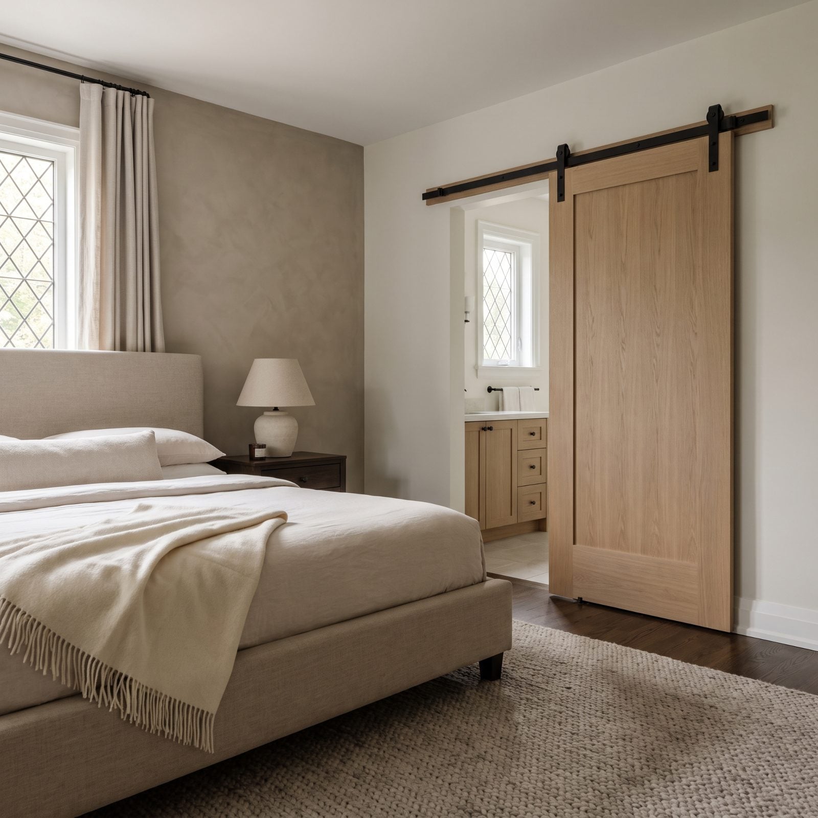 Primary bedroom with a sliding oak barn door over an ensuite that leaves an inch gap along the sides and top.