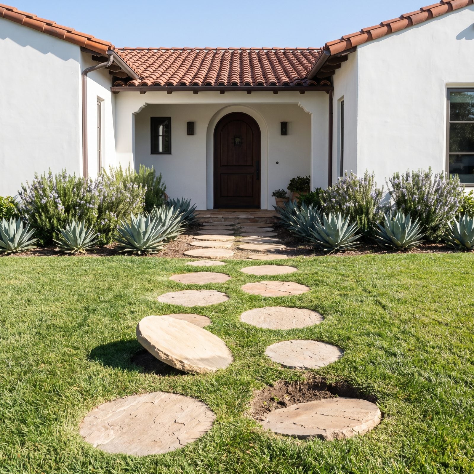 Spanish-style home with flagstone stepping stones to the door, two of them tilted and sunk uneven in the lawn.