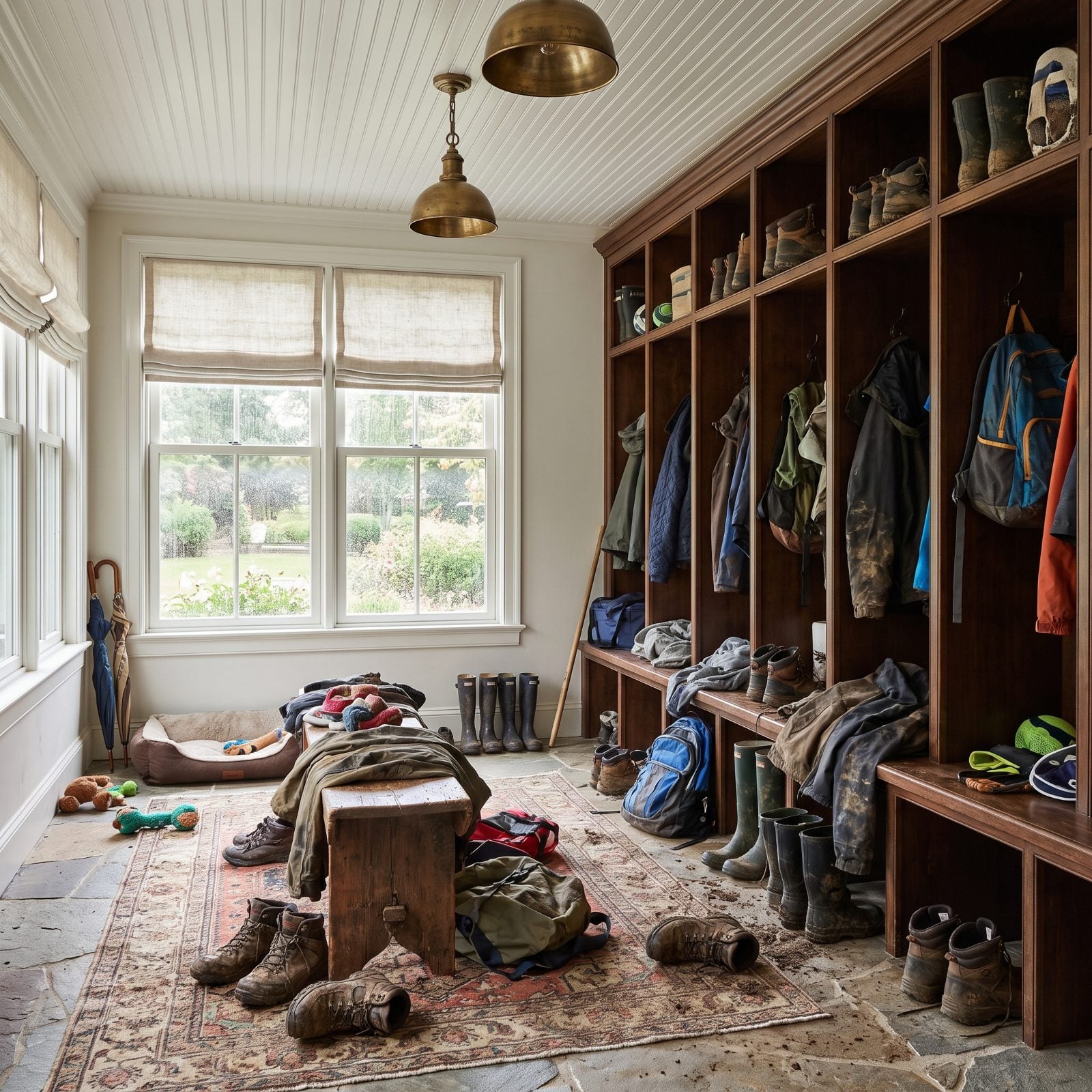 Mudroom with open oak cubbies holding a helmet, reusable bags, leashes, and a stray boot.