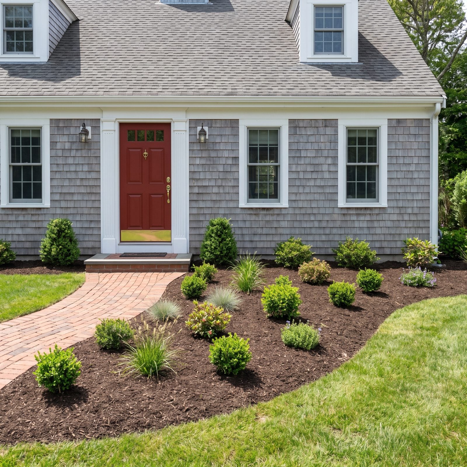 Gray shingled cape cod home with a foundation bed of about fifteen small separate plants spaced apart over bare mulch.