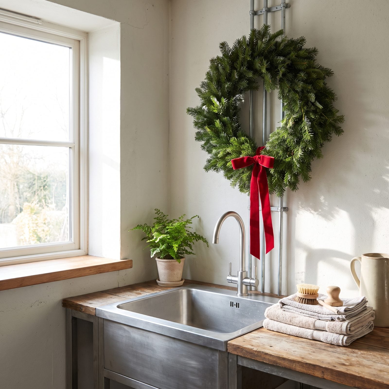 A Utility Sink Area Softened With Wreaths and Ribbon