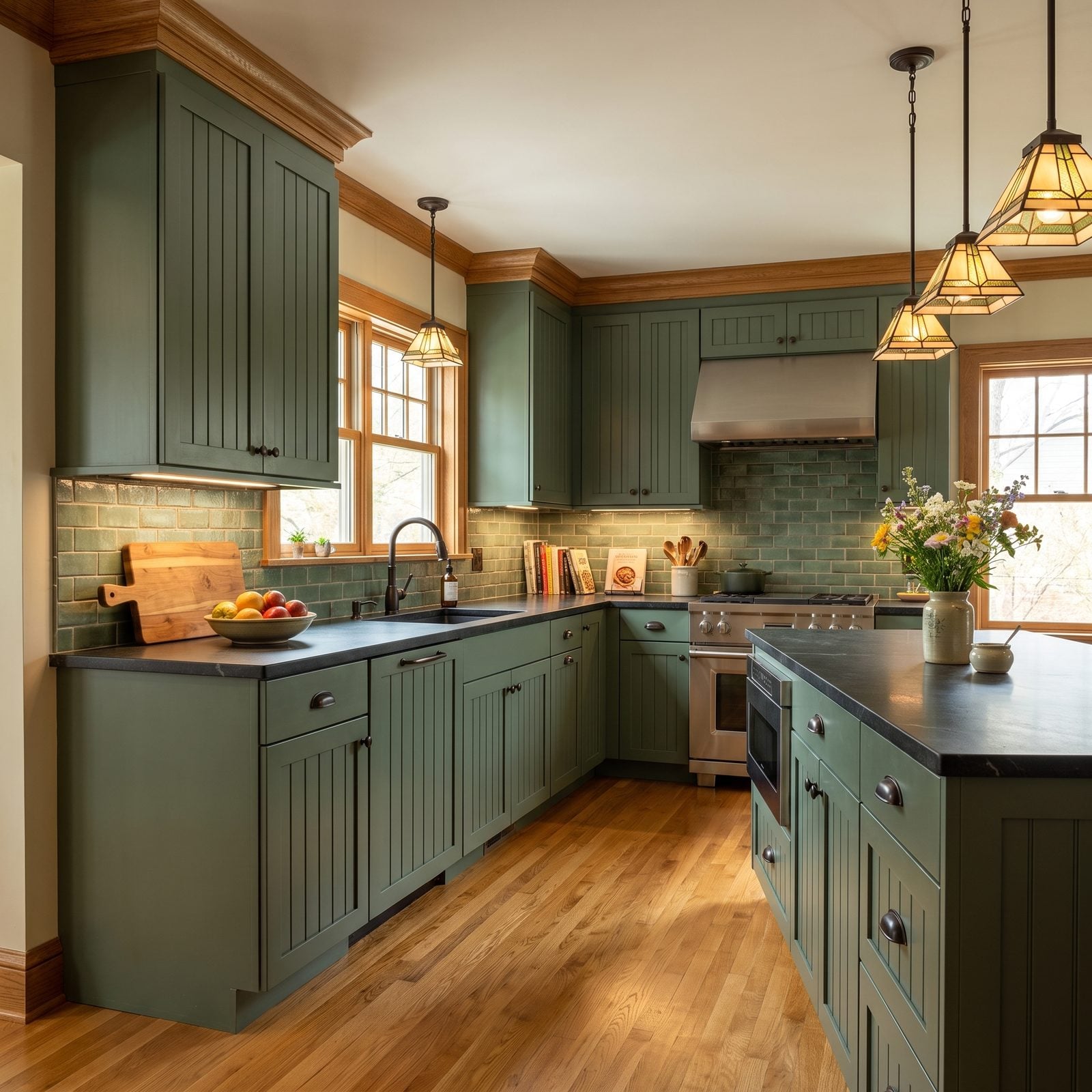 Kitchen with v-groove cabinet doors: V-groove doors in deep sage with soapstone, quartersawn oak trim and green handmade tile.