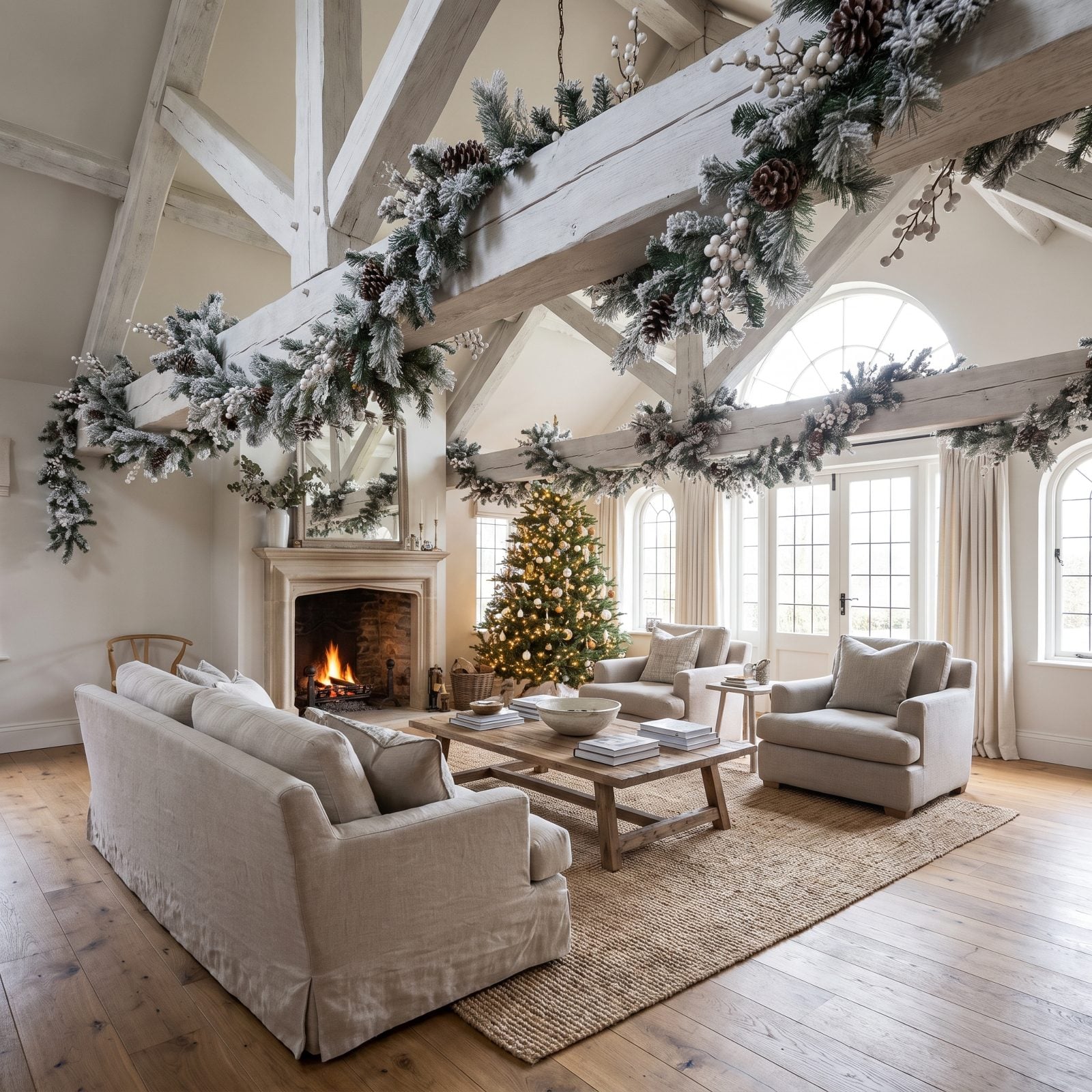 Vaulted Room with Pale Beams and Snowy Evergreen Swags