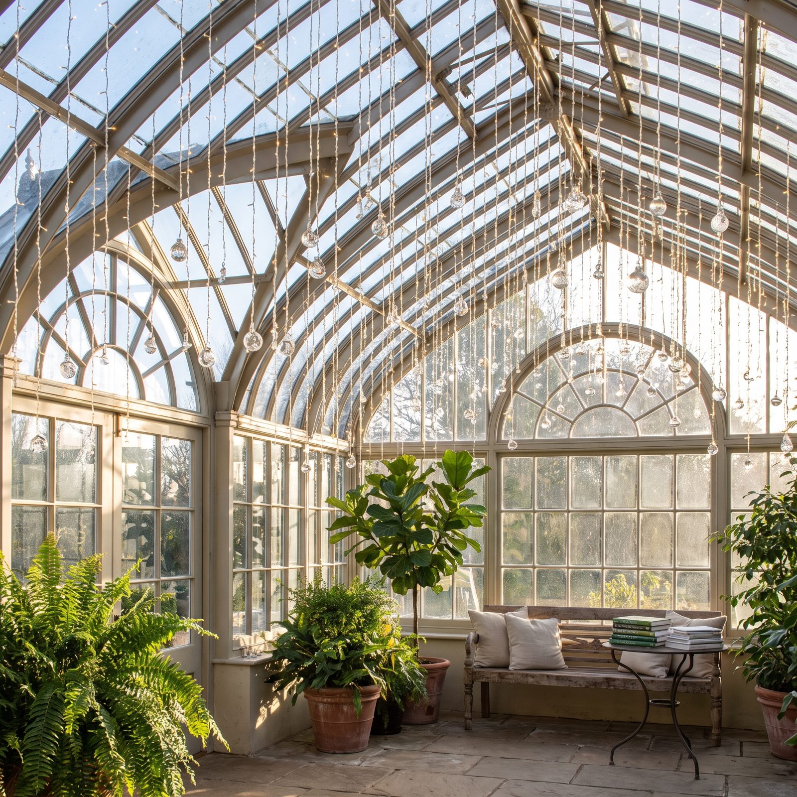 A Vaulted Sunroom Draped With Luminous Ornament Strands