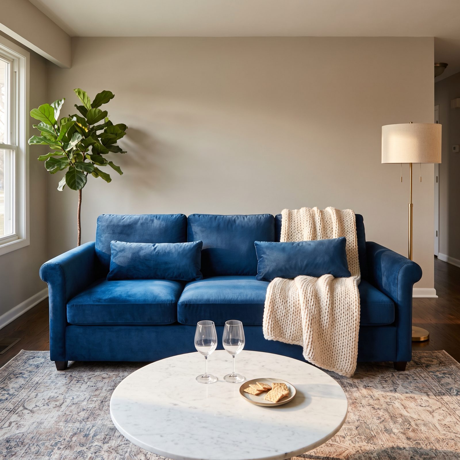 Living room with a sapphire blue velvet sofa, two velvet pillows, and a cream knit throw.