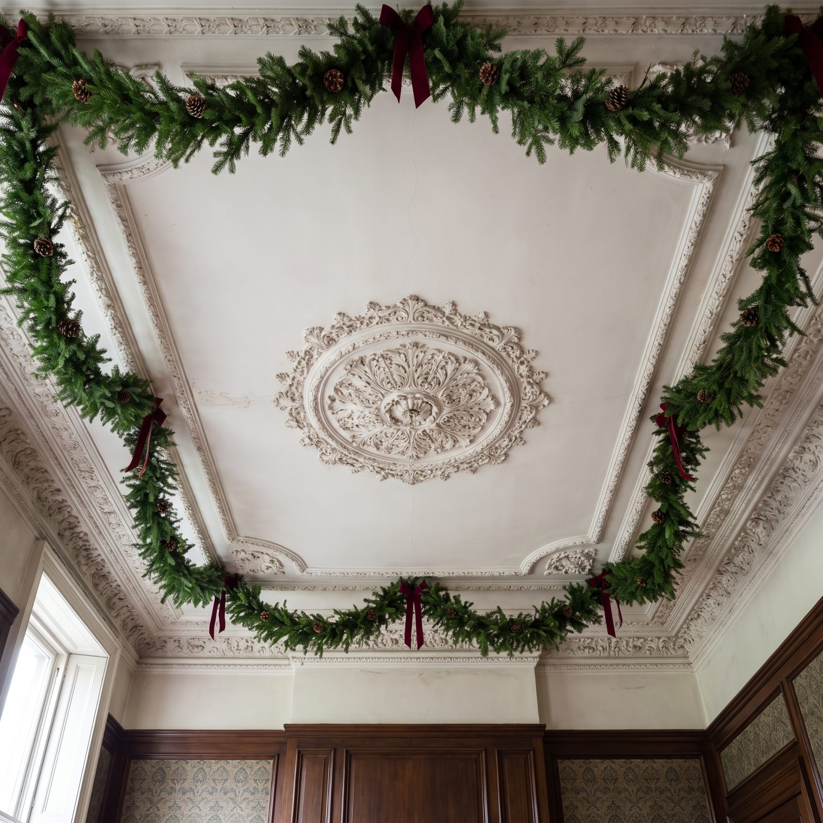 A Victorian Room With Garlands Framing Ornate Ceiling Plasterwork