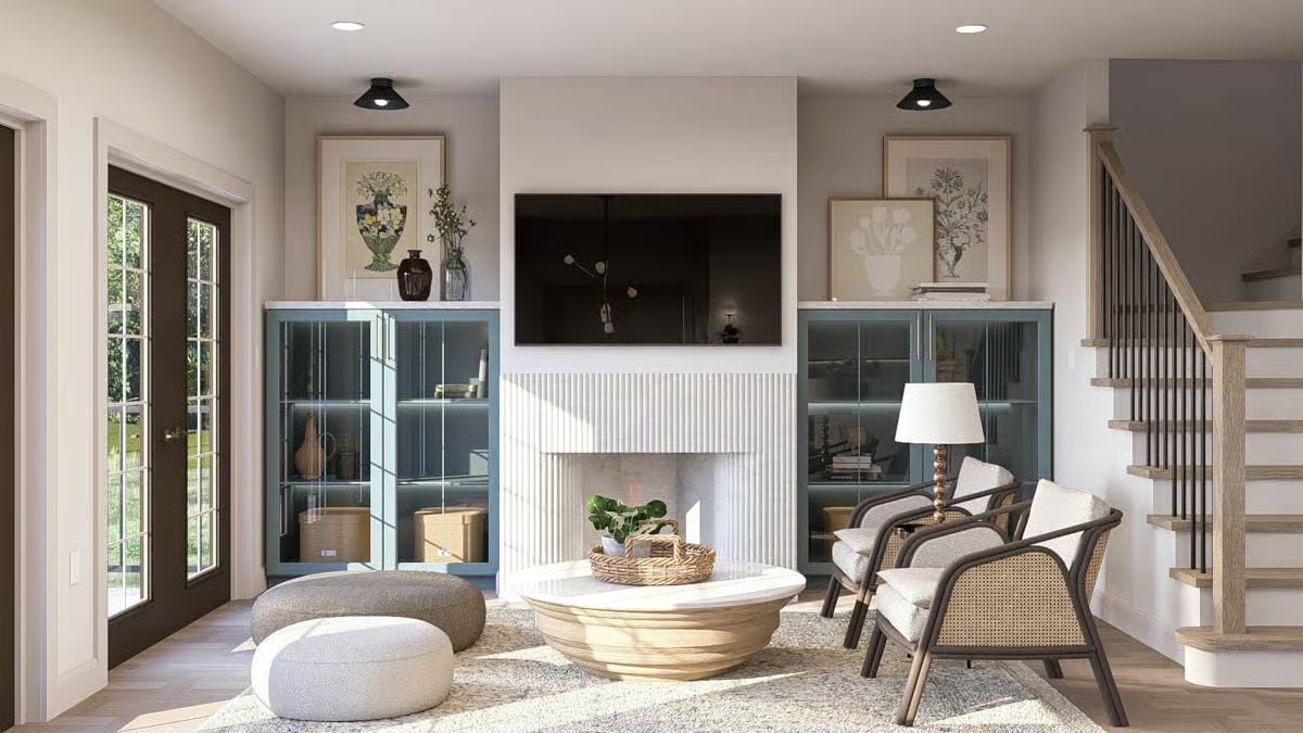 Blue Glass Cabinets Flanking a Fireplace Is a Move Worth Stealing