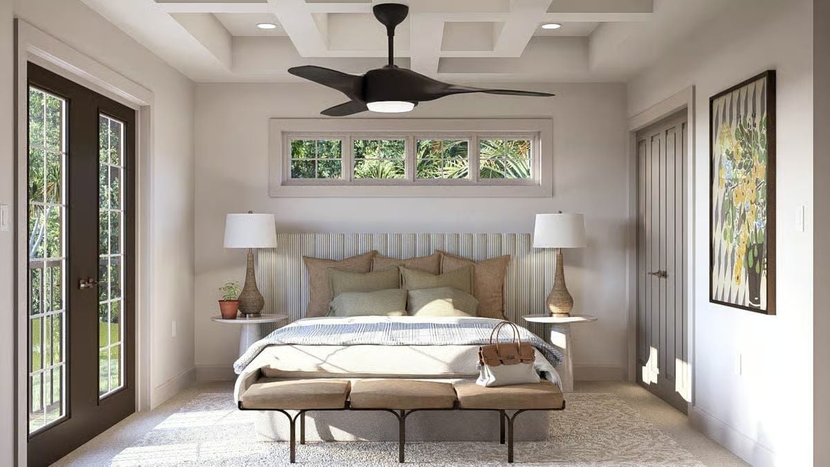 A Black Fan on a Coffered Ceiling Is the Contrast Every Bedroom Needs