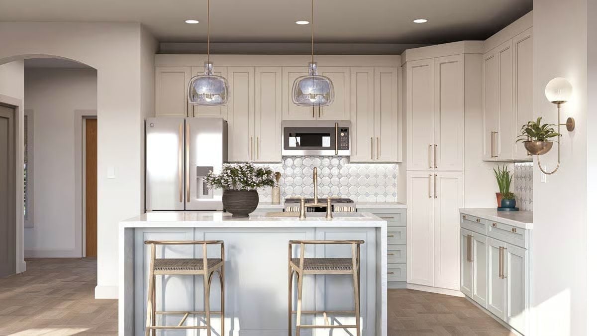 Pale Blue Island, Brass Hardware, and Glass Pendants That Actually Earn Their Keep