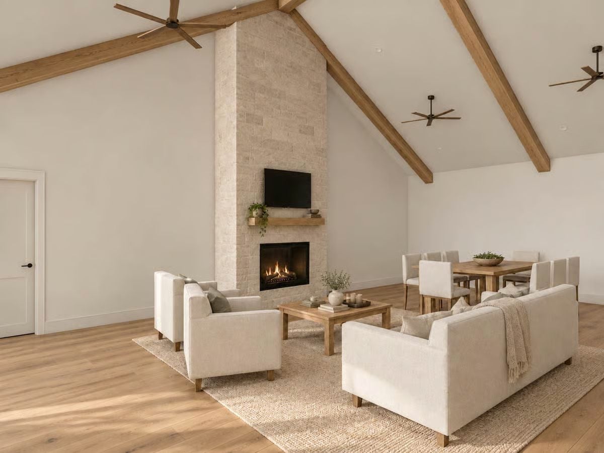 Vaulted Ceilings, Exposed Beams, and a Fireplace Tall Enough to Mean It