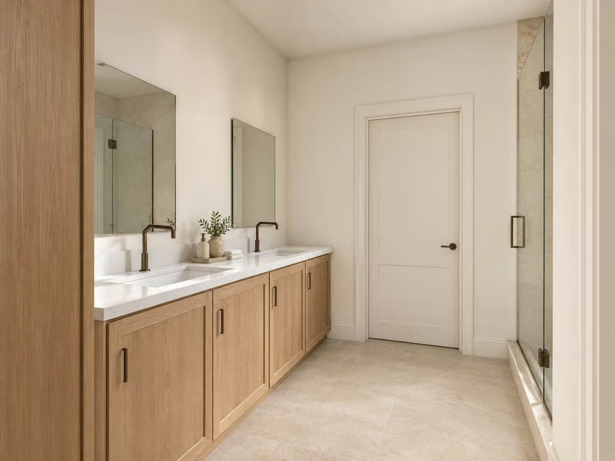 Warm Wood Vanity and Bronze Faucets in a Bathroom That Doesn't Try Too Hard