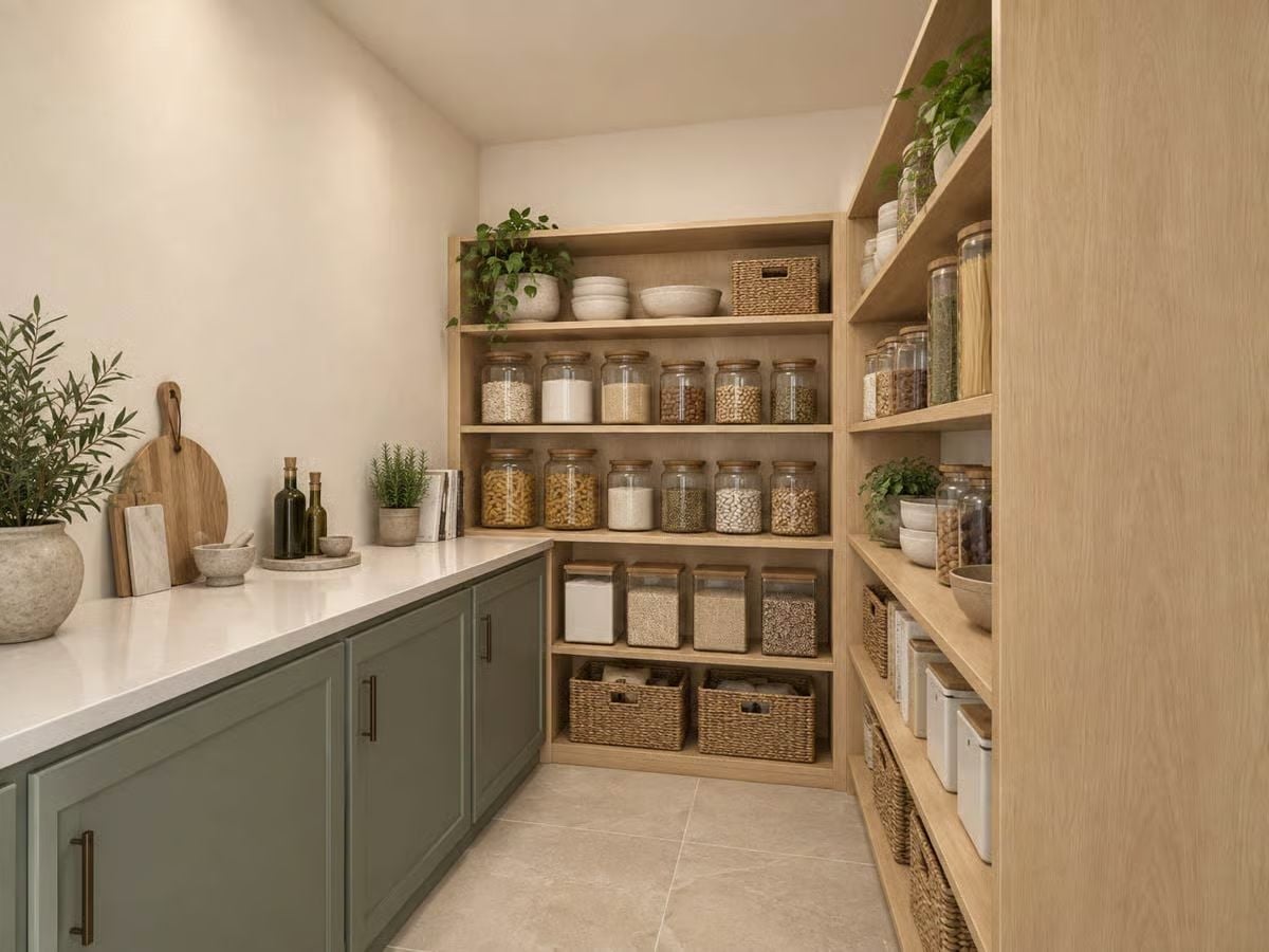 Wicker Baskets and Glass Jars in a Pantry That Actually Functions