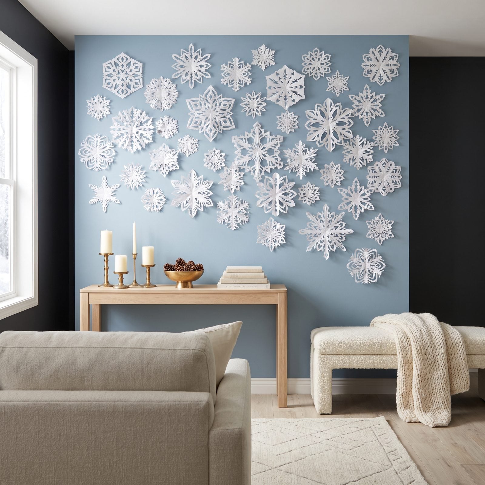 A Wall of Layered Paper Snowflakes