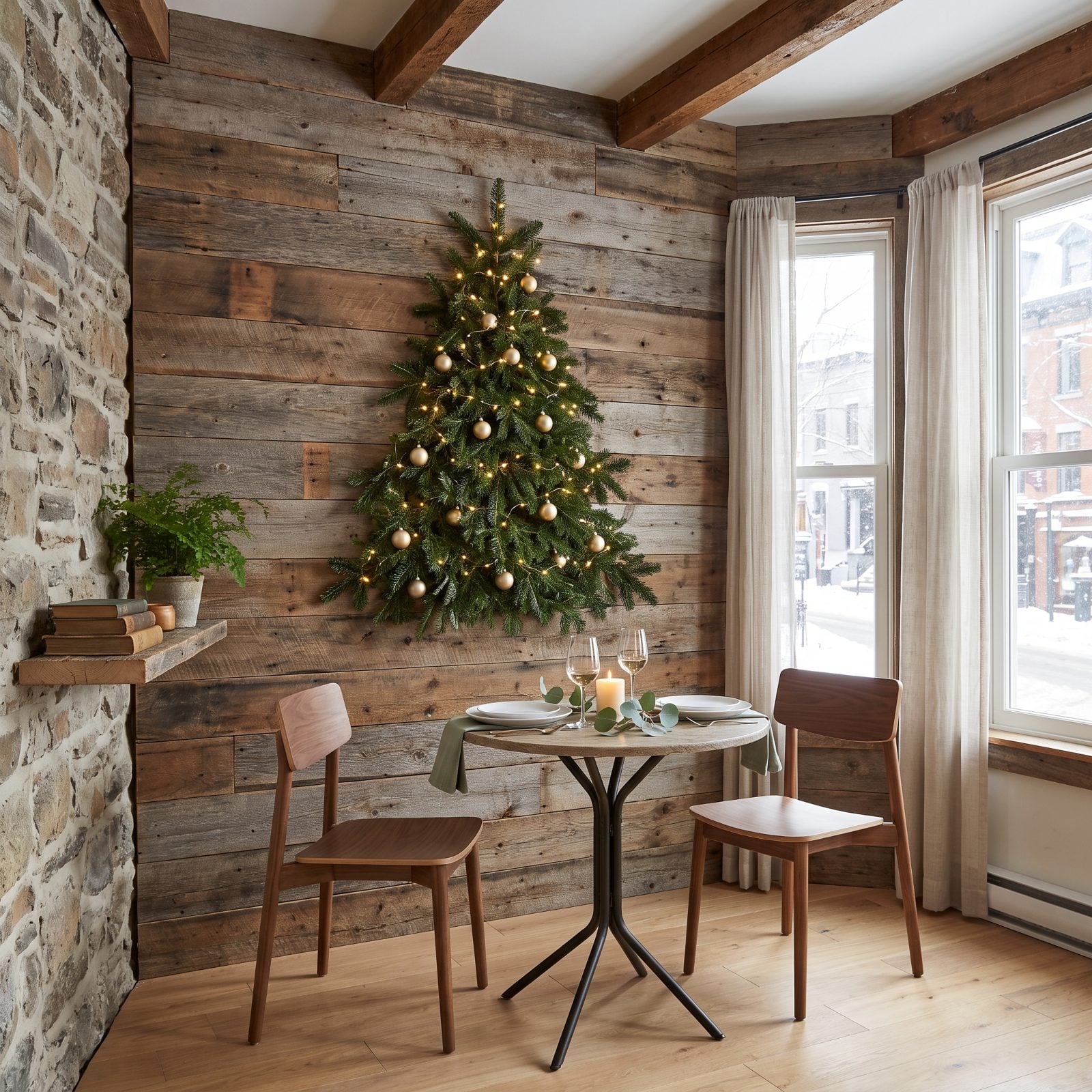 A Wall-Mounted Tree Saves a Small Apartment Dining Corner