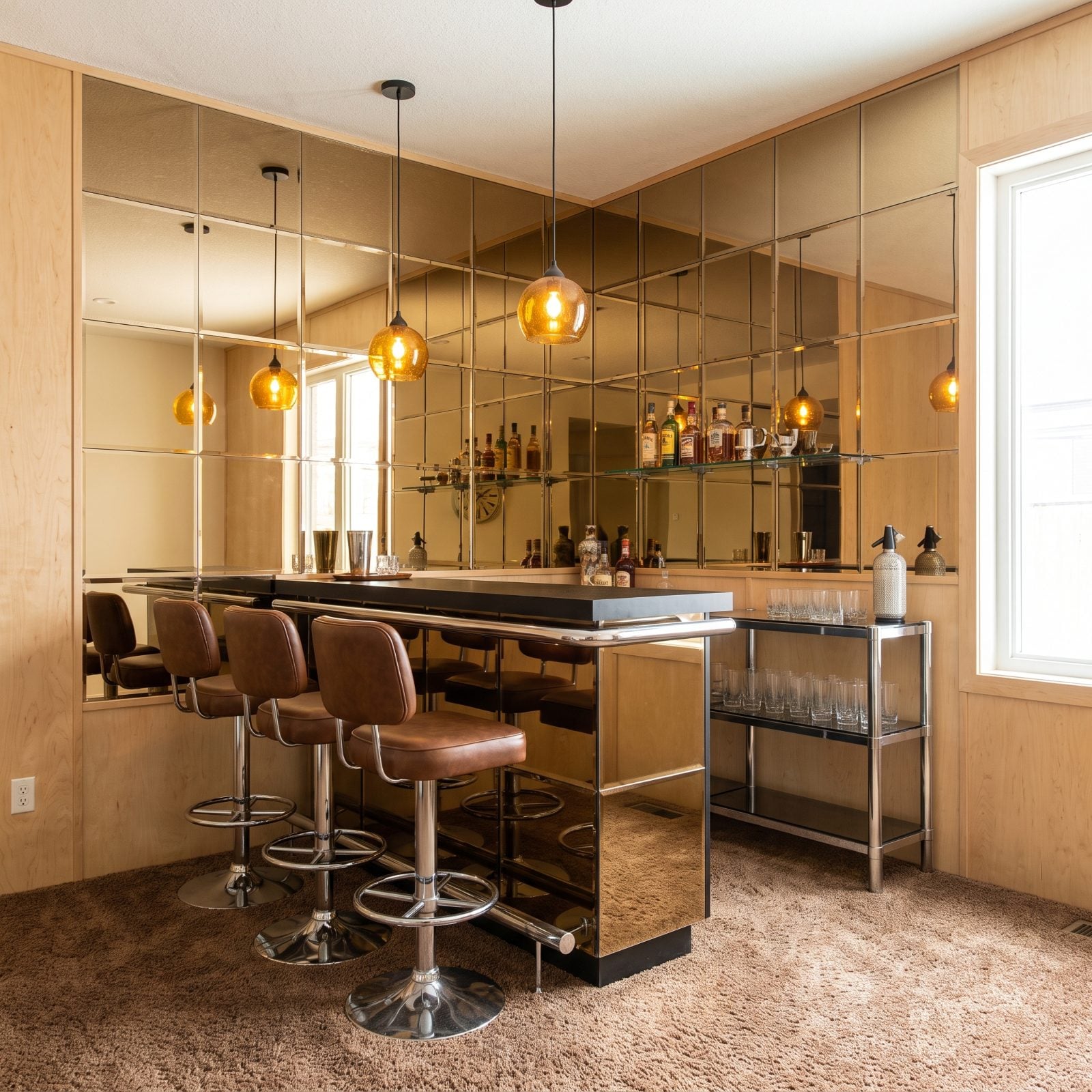 A Wall of Smoked Mirror Tiles Behind the Bar