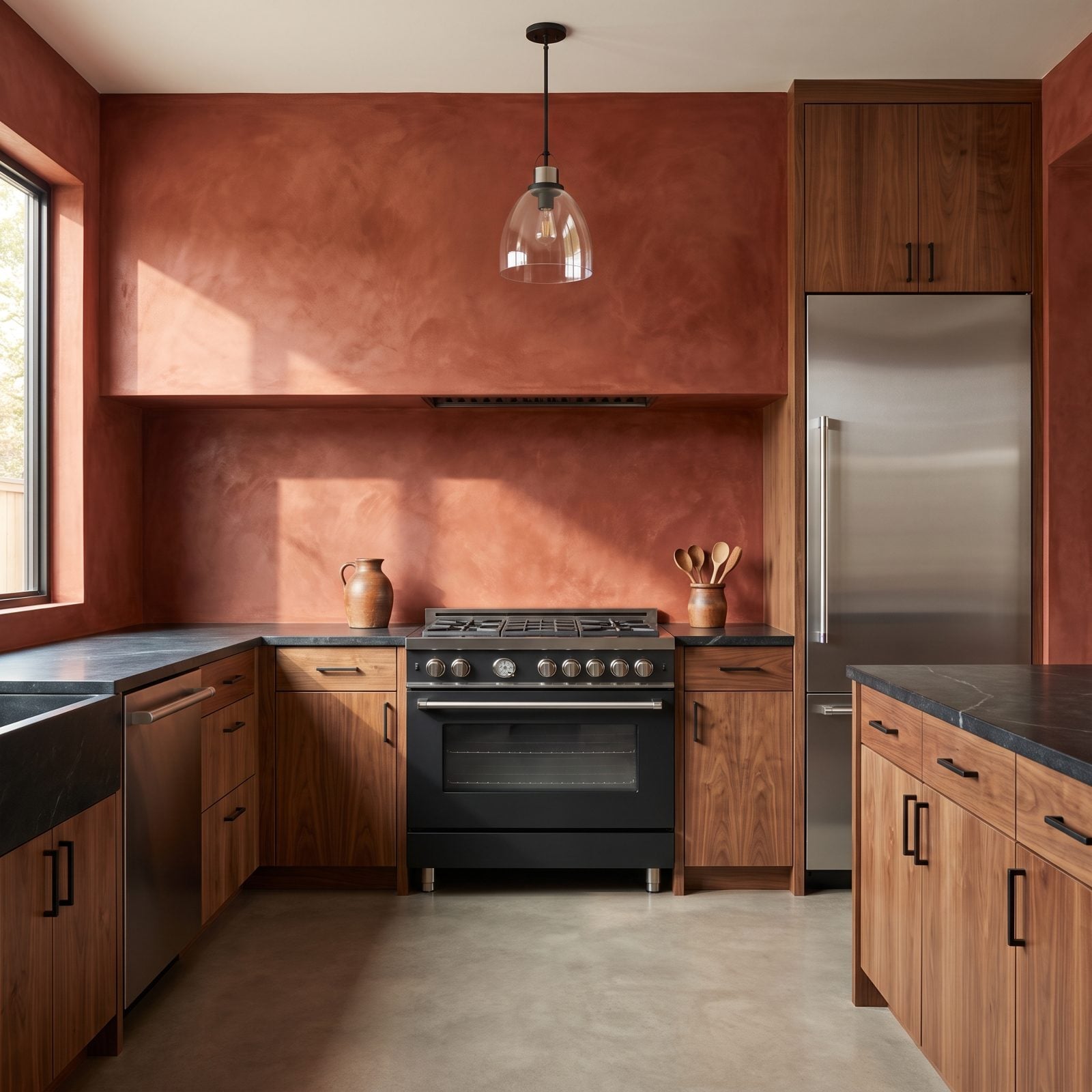 Walnut Kitchen With a Burnt-Red Limewash Backsplash