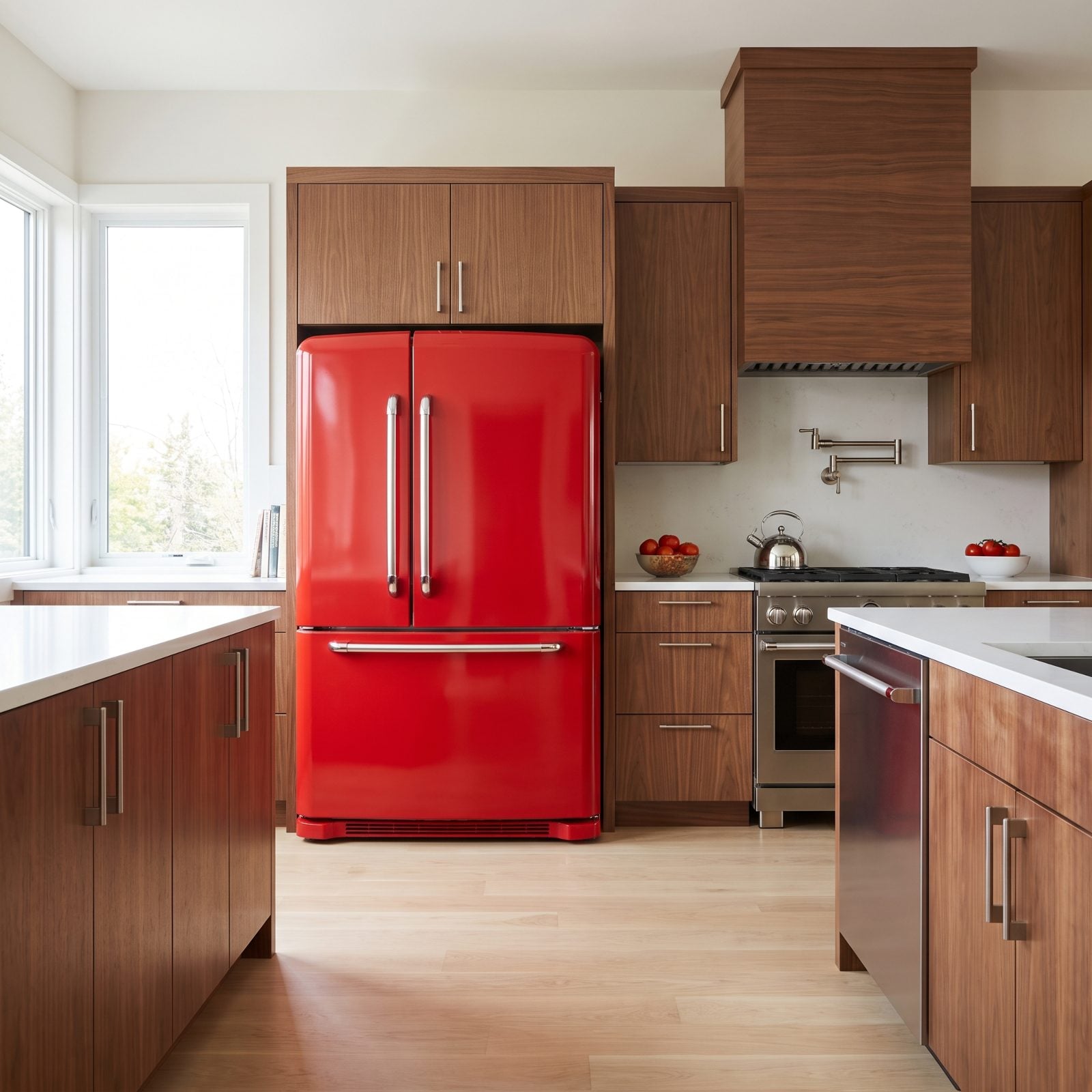 Walnut Kitchen With a Freestanding Scarlet Refrigerator